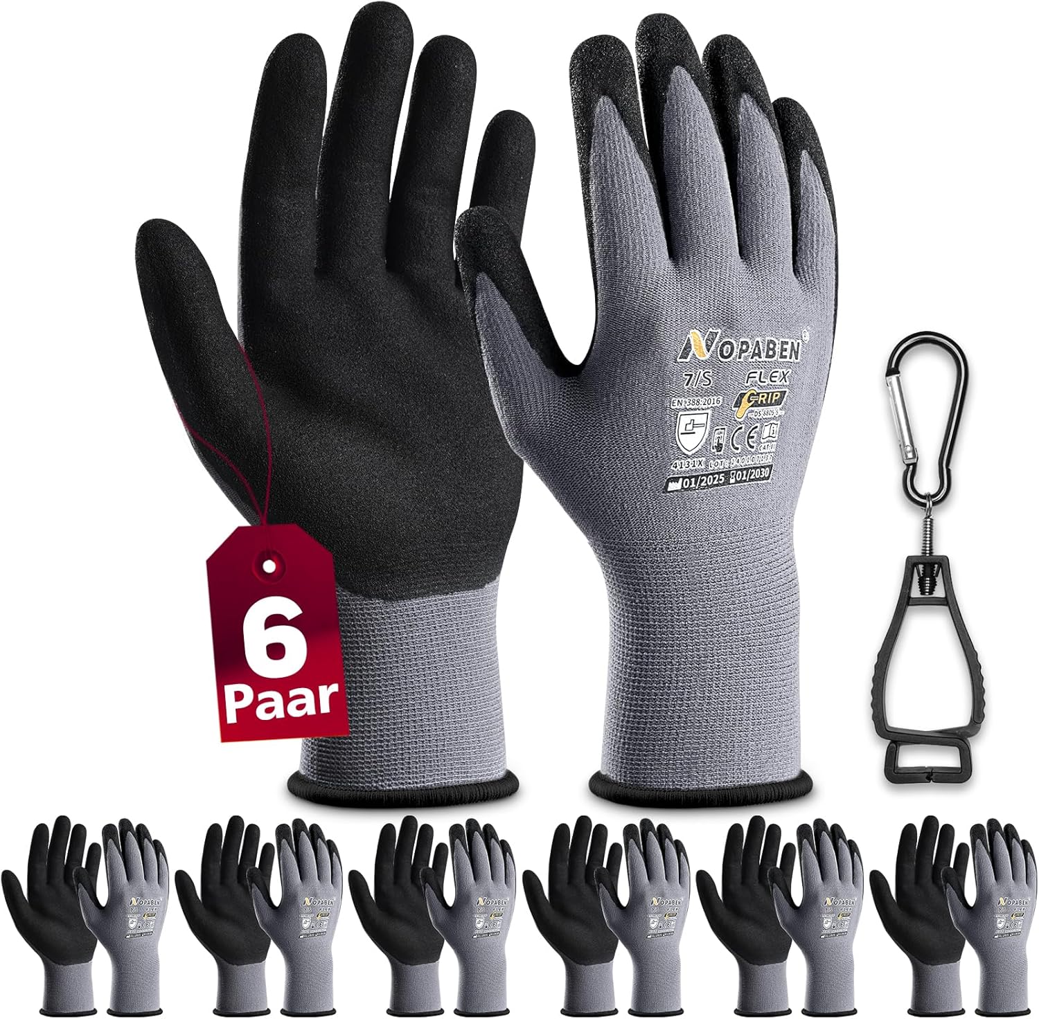 Detalle de 6 Paar Arbeitshandschuhe mit Grip – Nitrilbeschichtung, rutschfest, feinfühlig, Größe 7/S