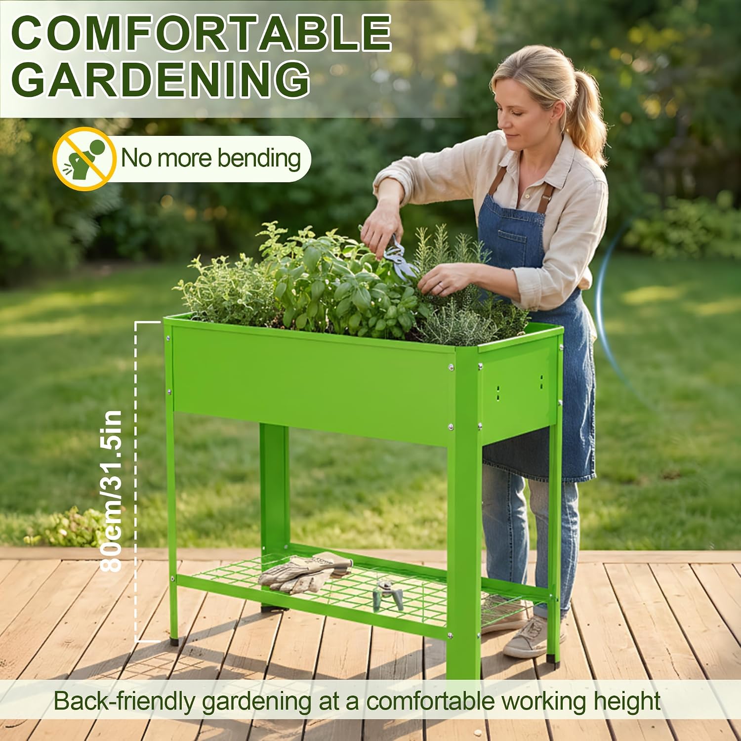 Detalle de UISEBRT Raised Bed with Shelf, Green Metal Planter, 80 x 35 x 80 cm