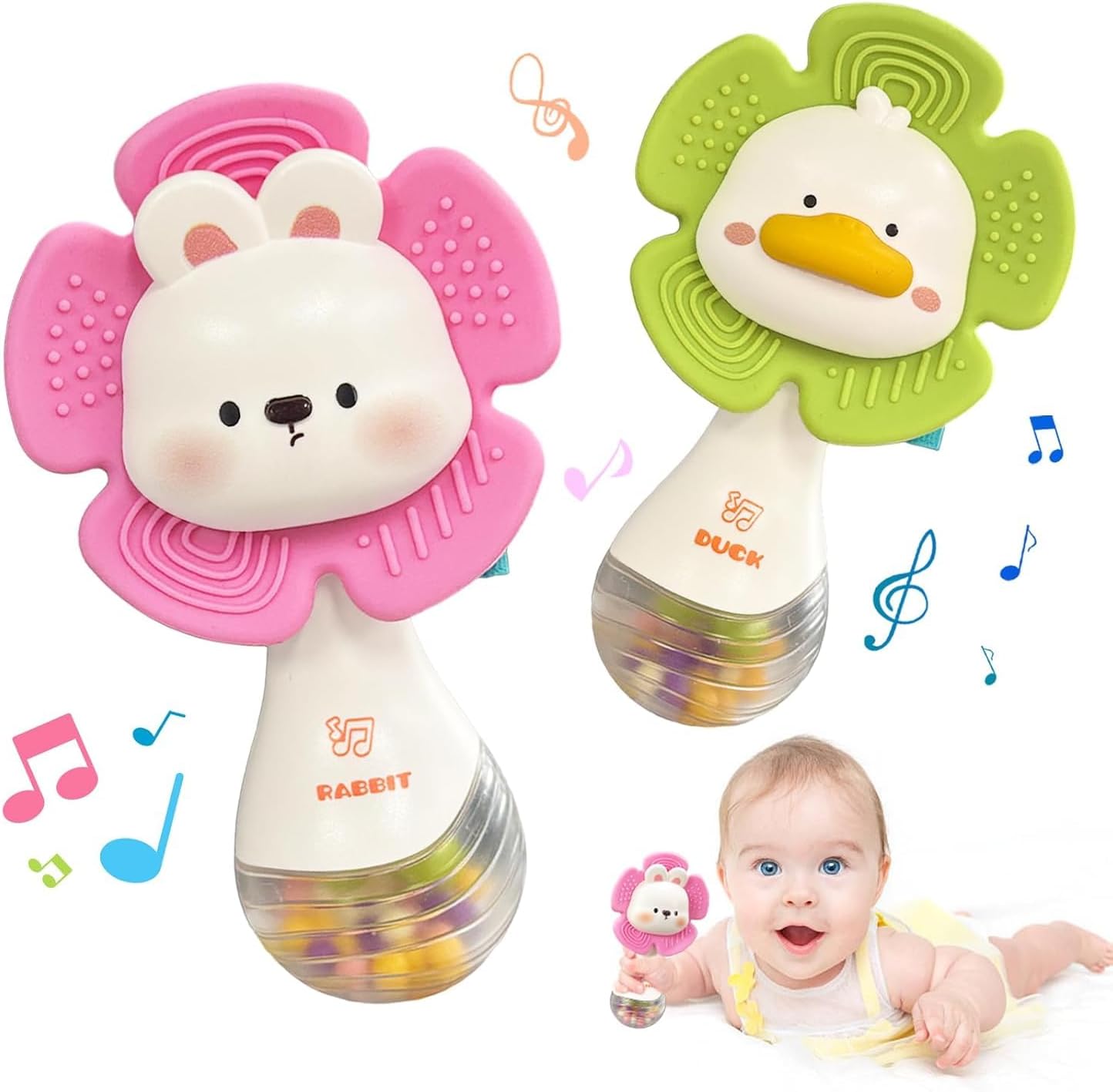 2 Pcs Baby Rattles Teething Toys for 0-12 Months (Pink & Green) – Multi-Sensory Teether & Rattle Set