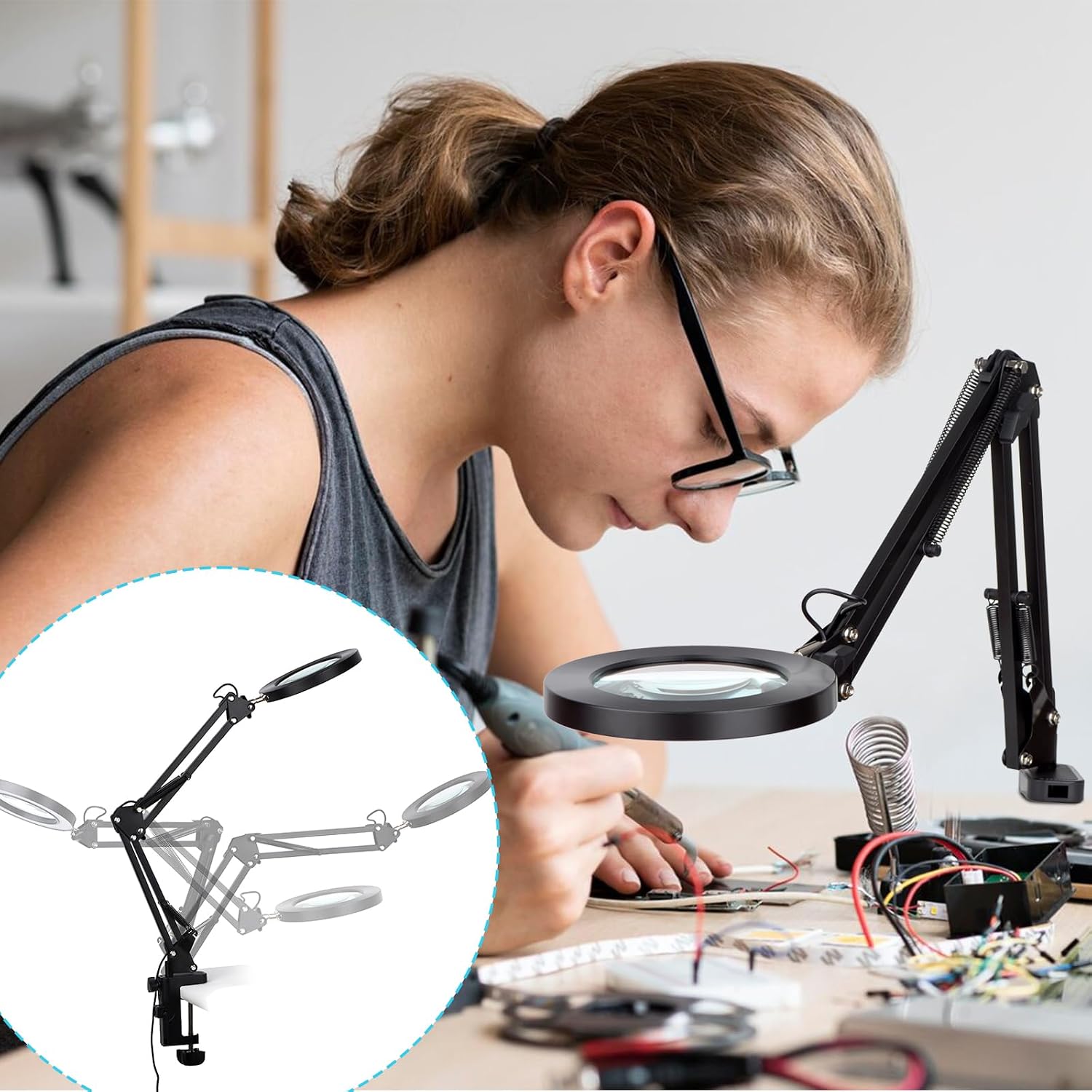 Detalle 2 de Dylviw LED Magnifying Desk Lamp with 5x Glass Lens, 3 Light Modes and Dimming