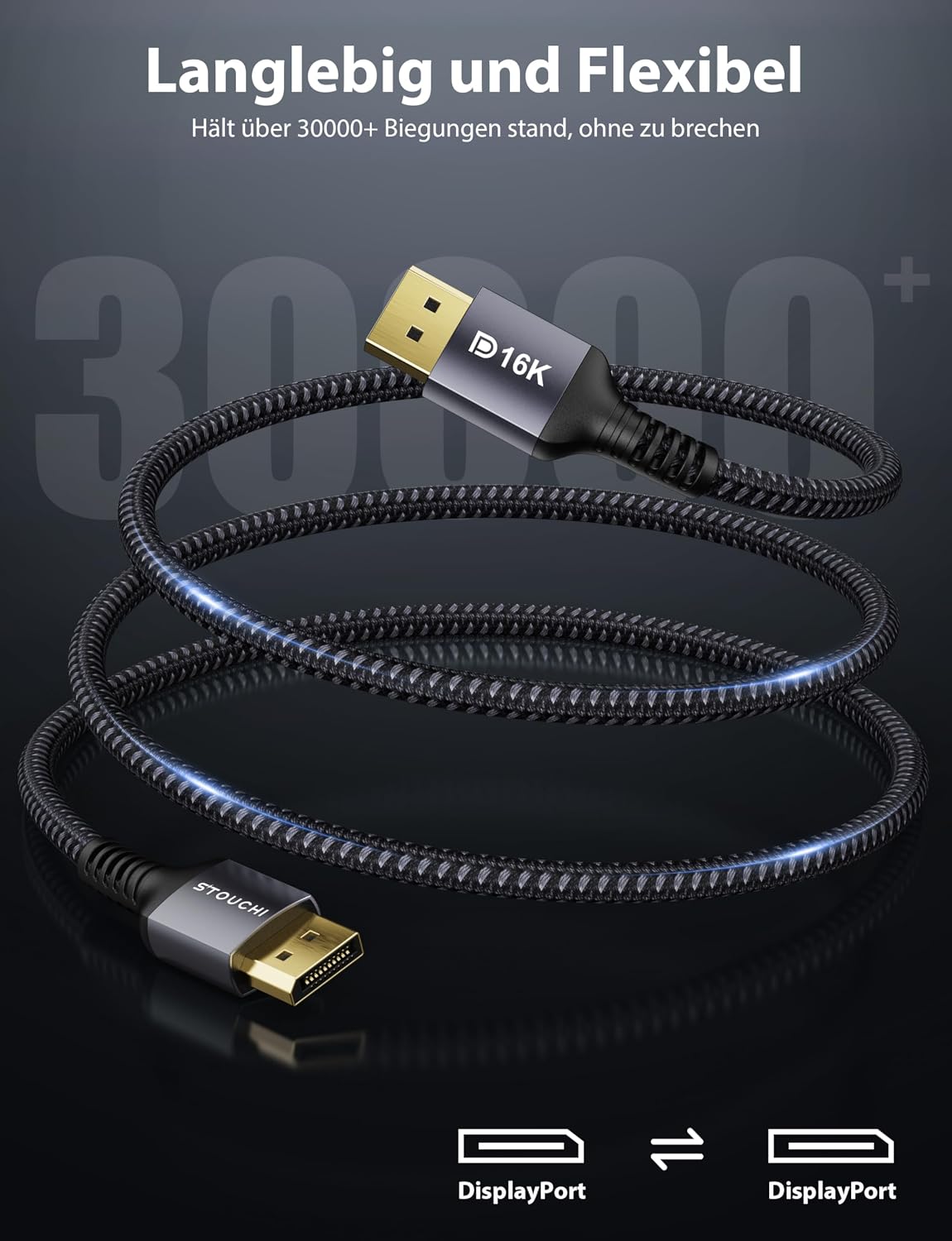 Detalle de Stouchi DisplayPort Kabel 2.1 DP2.1/2.0, 2,5 m – Hochleistungs-Kabel für Gaming und High-End-Displays