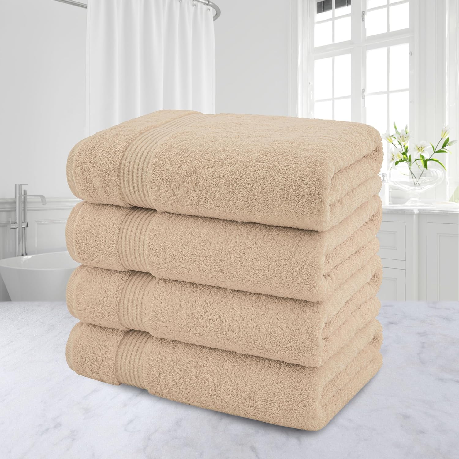 Detalle de American Veteran Towel: 4-Pack Turkish Bath Towels, 27x54 Inches, 100% Cotton, Beige