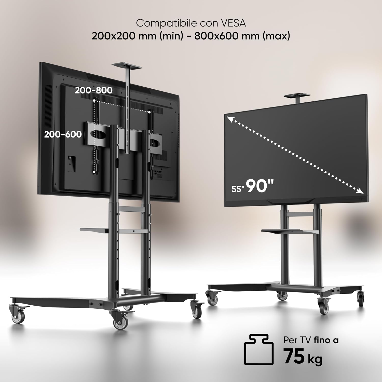 Thumbnail 2 de ONKRON TS1871-B Carrello TV da pavimento con ruote per schermi 55"-90" e VESA 200x200-800x600 (nero)