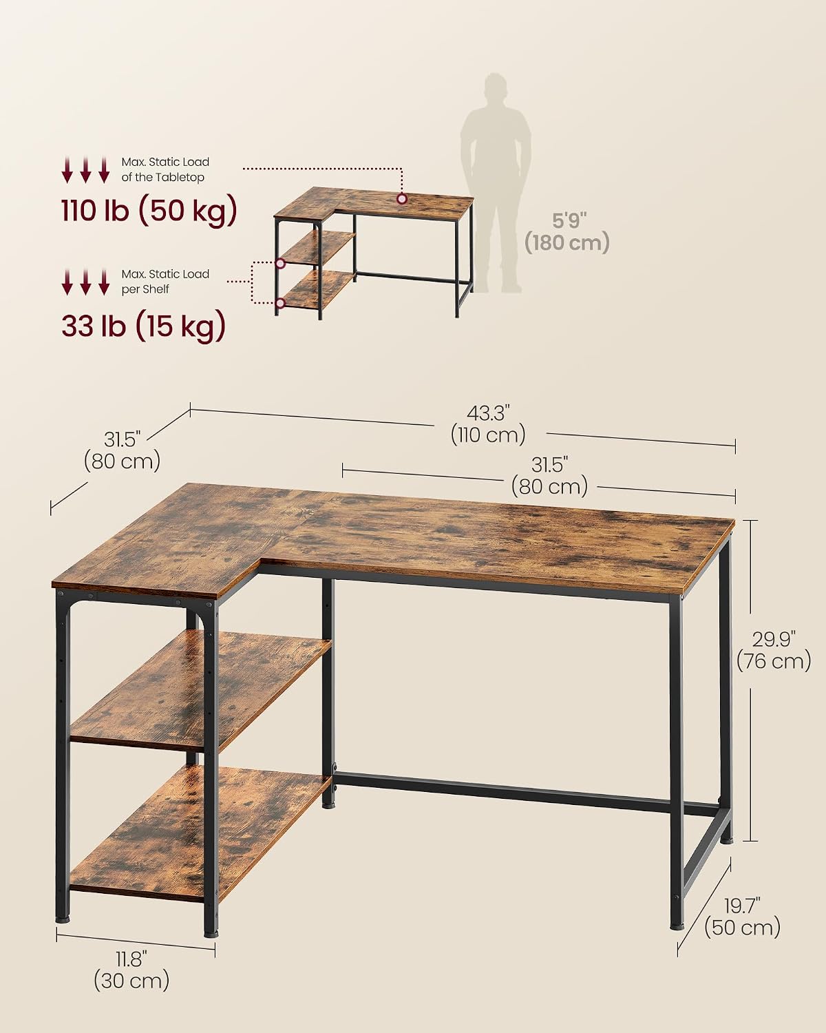 Thumbnail 1 de VASAGLE L Shaped Corner Desk 110x80 cm