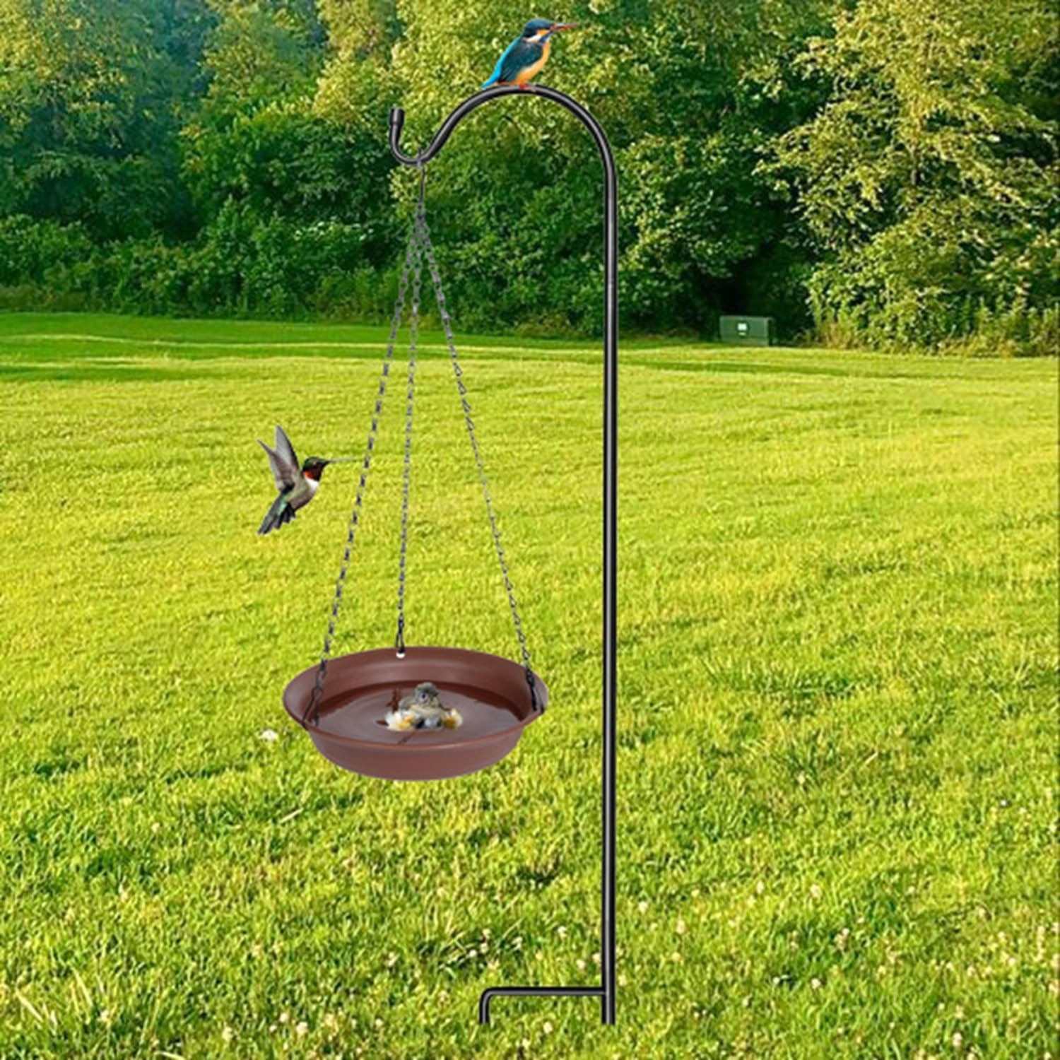 Detalle 2 de VUWEZ 12-Inch Hanging Bird Bath Tray, Chocolate PP Plastic with 18.5-Inch Chain