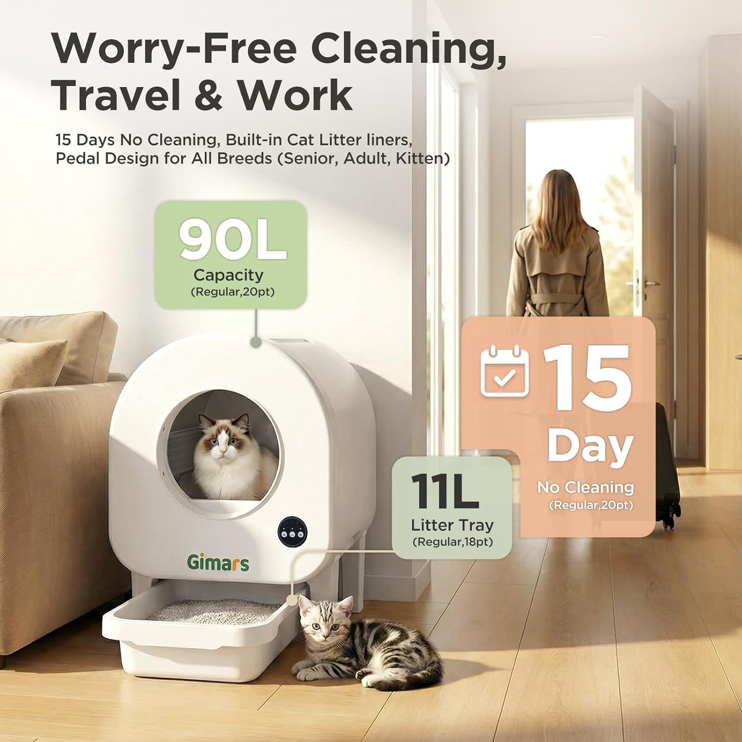 Detalle 2 de Gimars XXL 90L Anti-Pinch Self-Cleaning Cat Litter Box with App Control