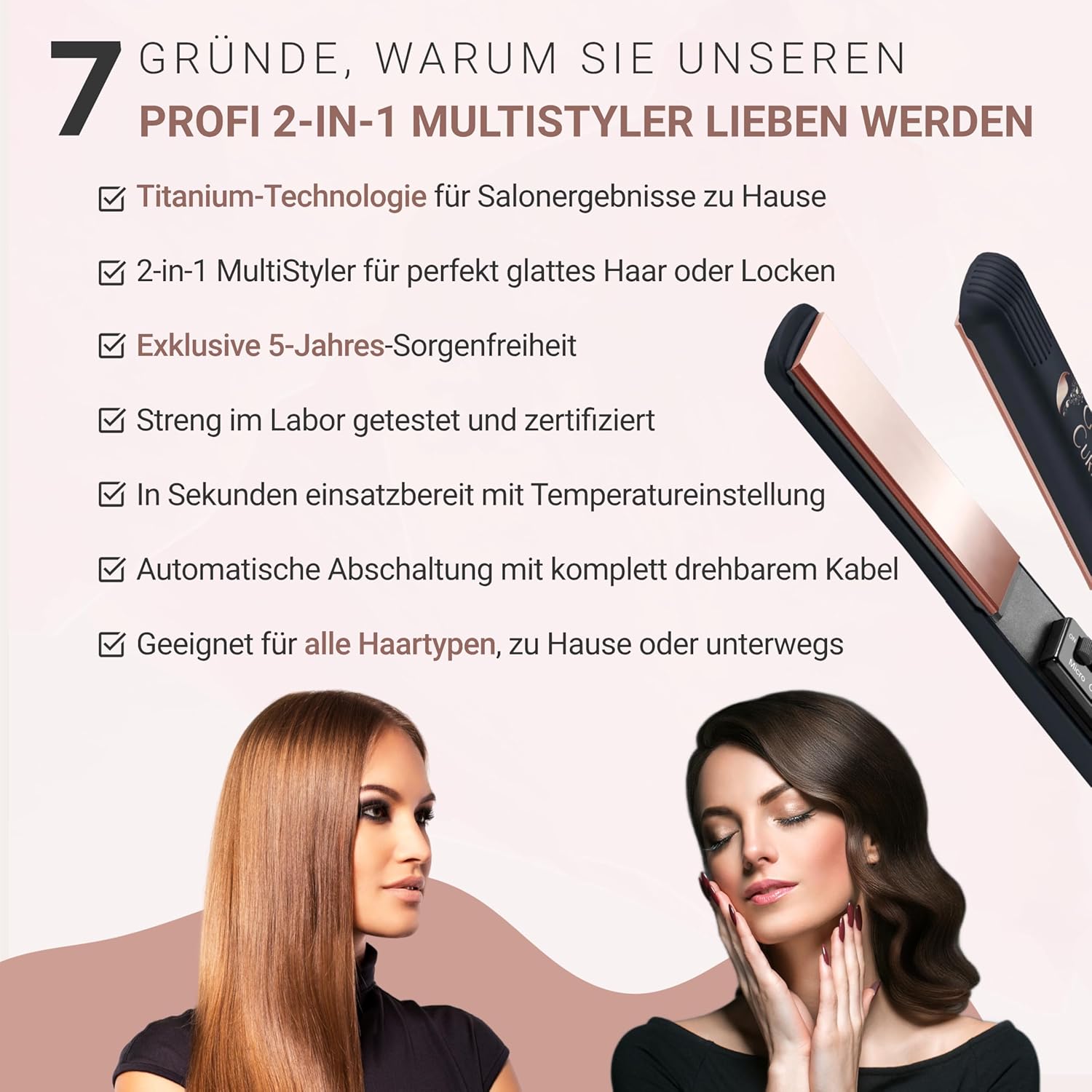 Thumbnail 1 de Glätteisen Locken und Glätten Haarglätter – 2-in-1 Rose Gold, 5 Jahre Sorgenfreiheit