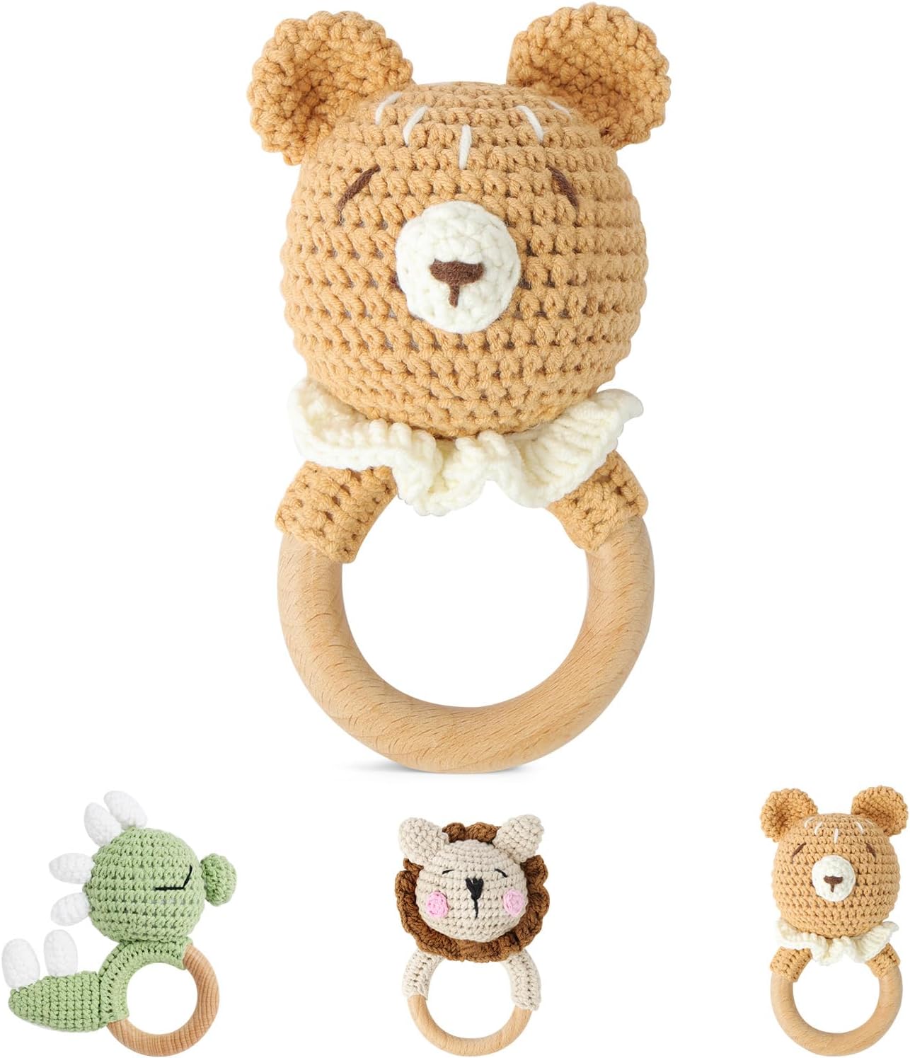 Vicloon Sonaglio Neonati in Legno Montessori 0+ mesi (Orso, anello in faggio)