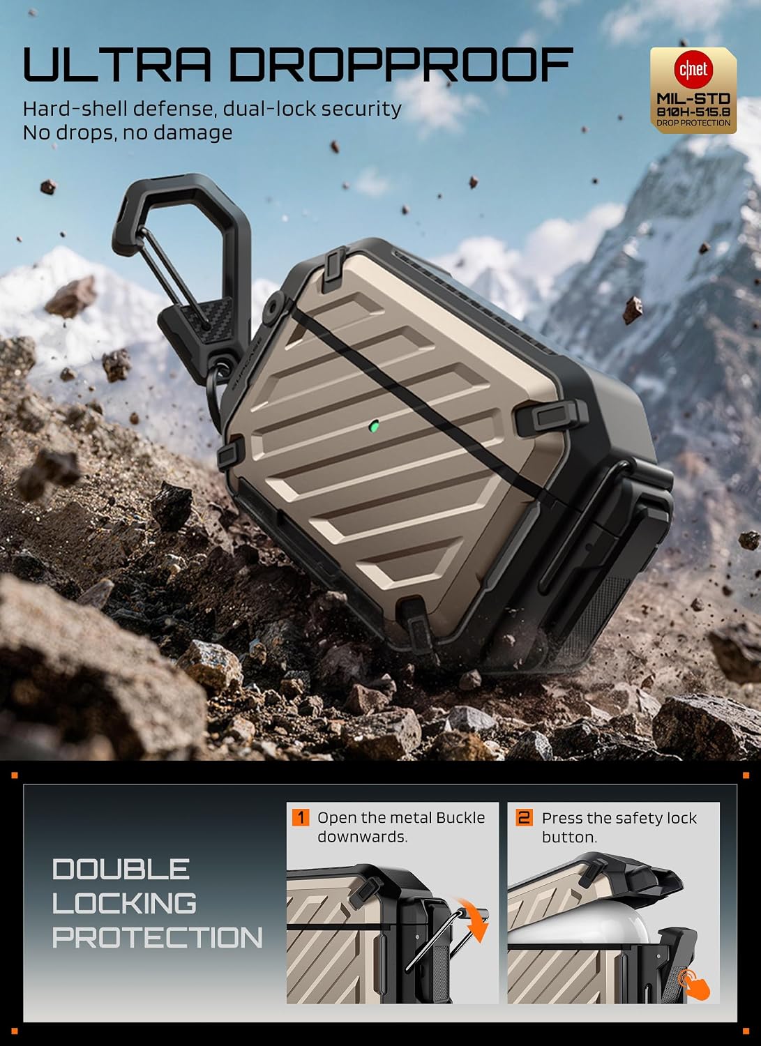 Detalle 2 de SUPCASE AirPods Pro 3 Case with Lock & Carabiner – Desert, IP68 Waterproof, MagSafe Compatible