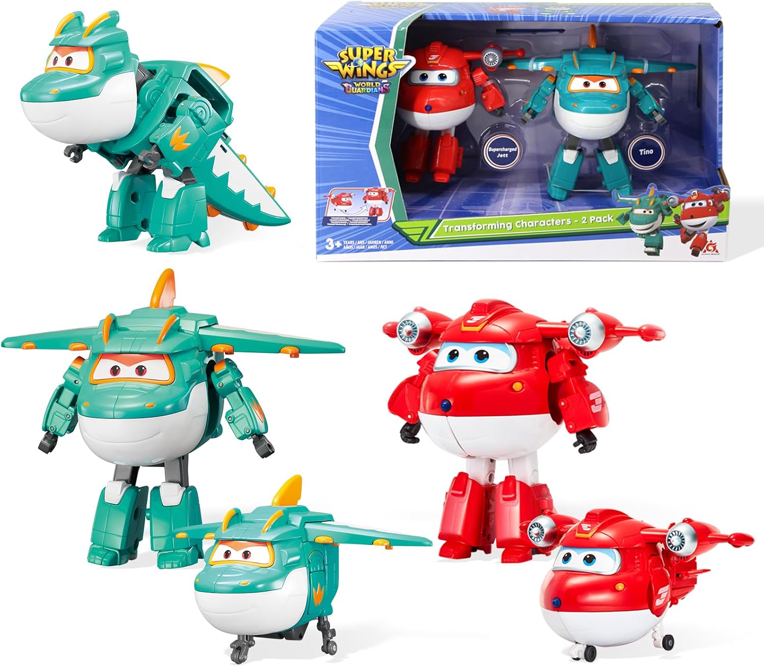 Super Wings 5" Transforming Characters 2-Pack: Jett Supercharged + Tino, set di 2 figure trasformabili da 12 cm