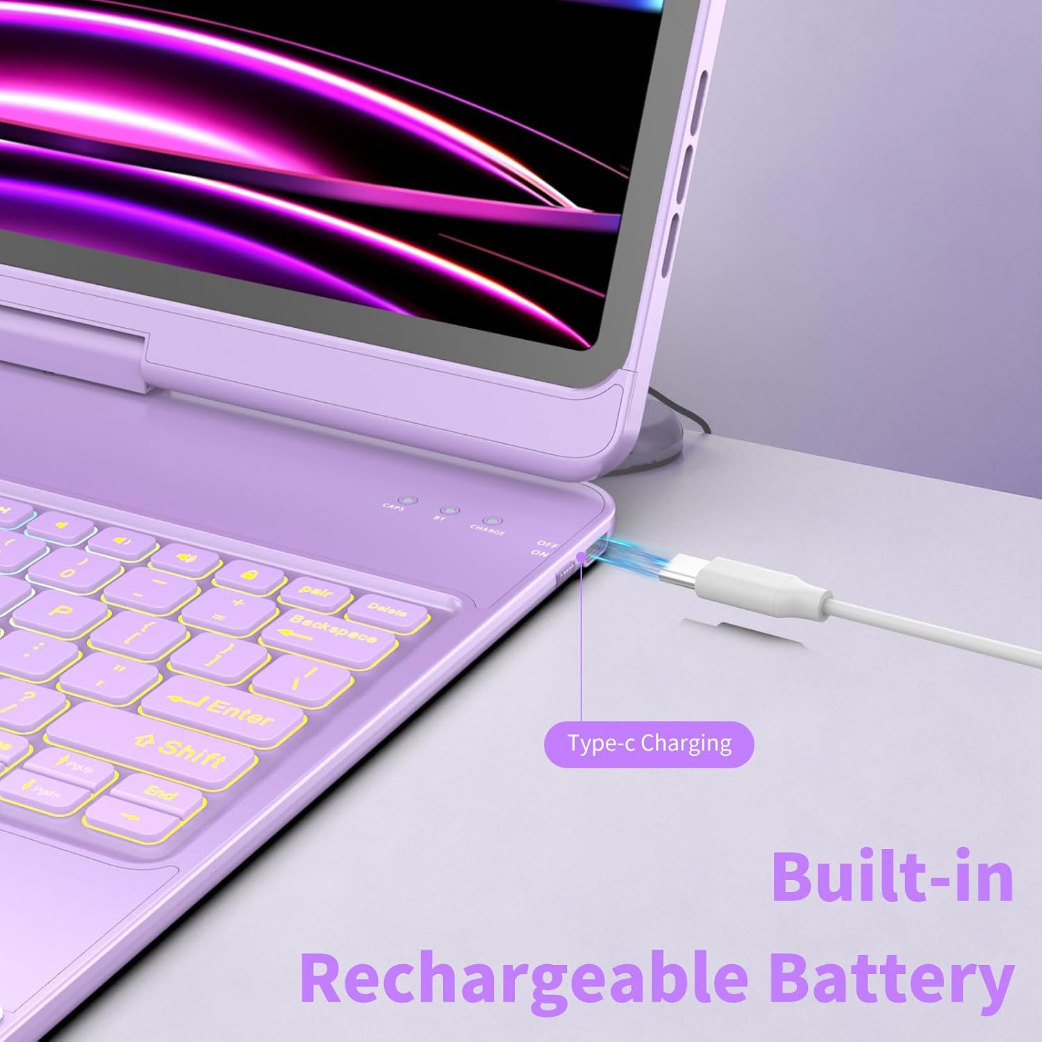 Detalle 2 de Keyboard Case for iPad Air 13-inch with Multi-Touch Trackpad (M4/M3/M2) and Pencil Holder — 360° Protection (Purple)