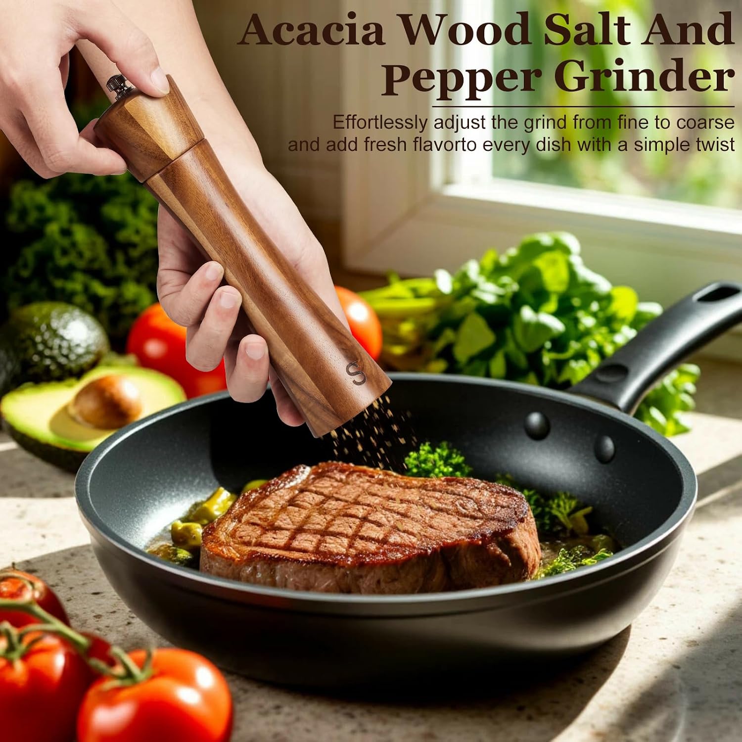 Detalle 2 de Osrioal 8 Inch Wooden Salt and Pepper Grinder Set with Tray (Set of 2)