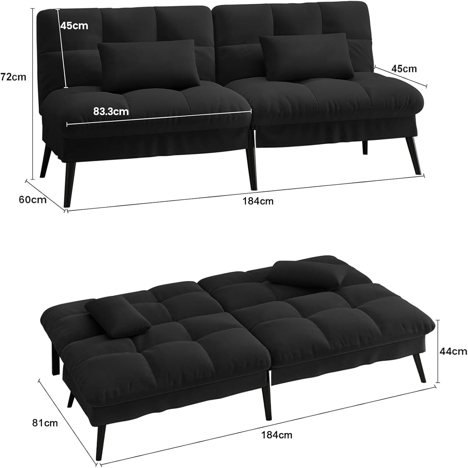 Detalle de LUCKRACER Sofa 3 Sitzer Schlafsofa mit 5-fach verstellbarer Rückenlehne – Schwarz