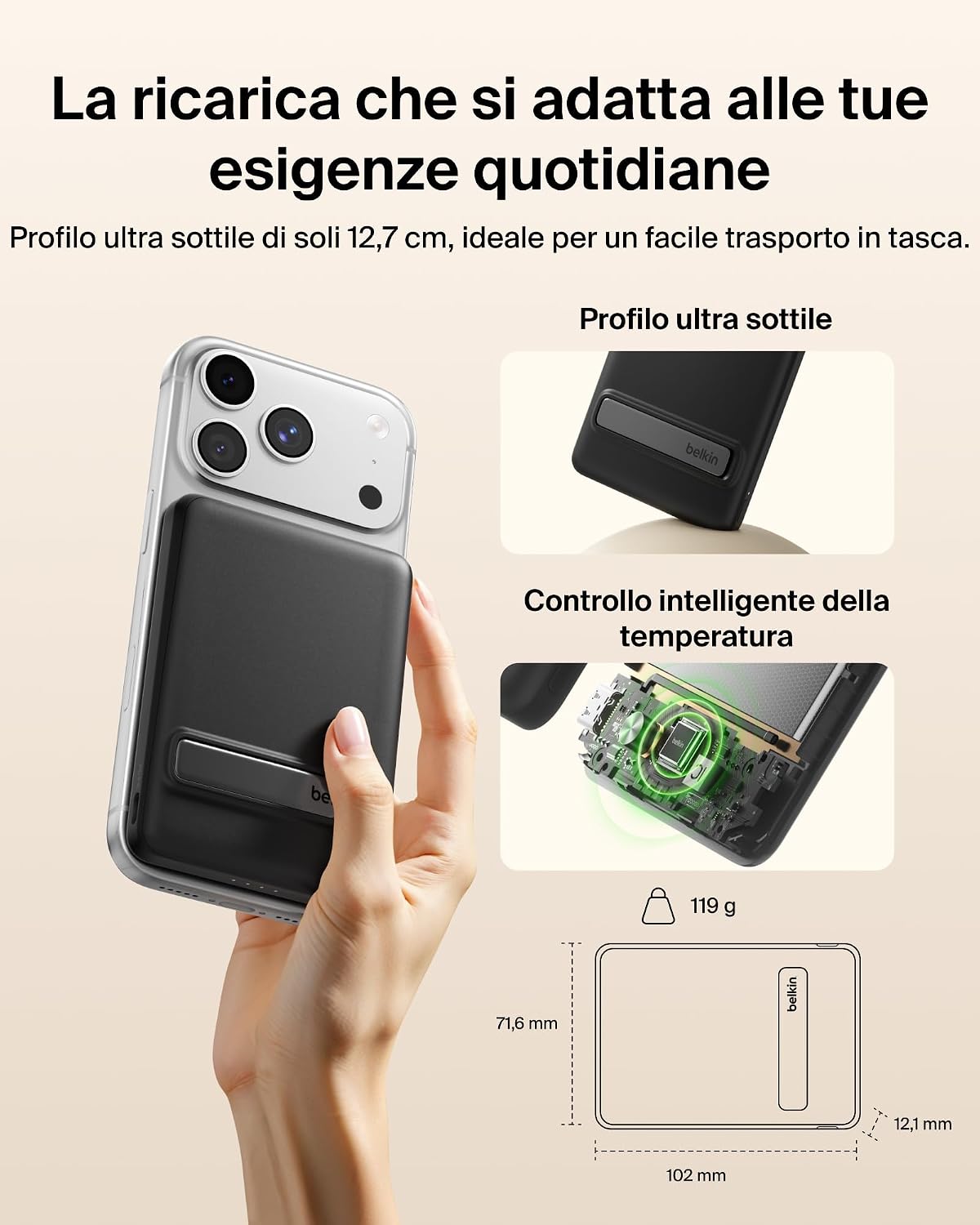 Detalle 2 de Belkin BoostCharge Power Bank Magnetico 5000mAh Qi2 15W con Supporto Estraibile – Caricatore Portatile per iPhone, AirPods e altri dispositivi
