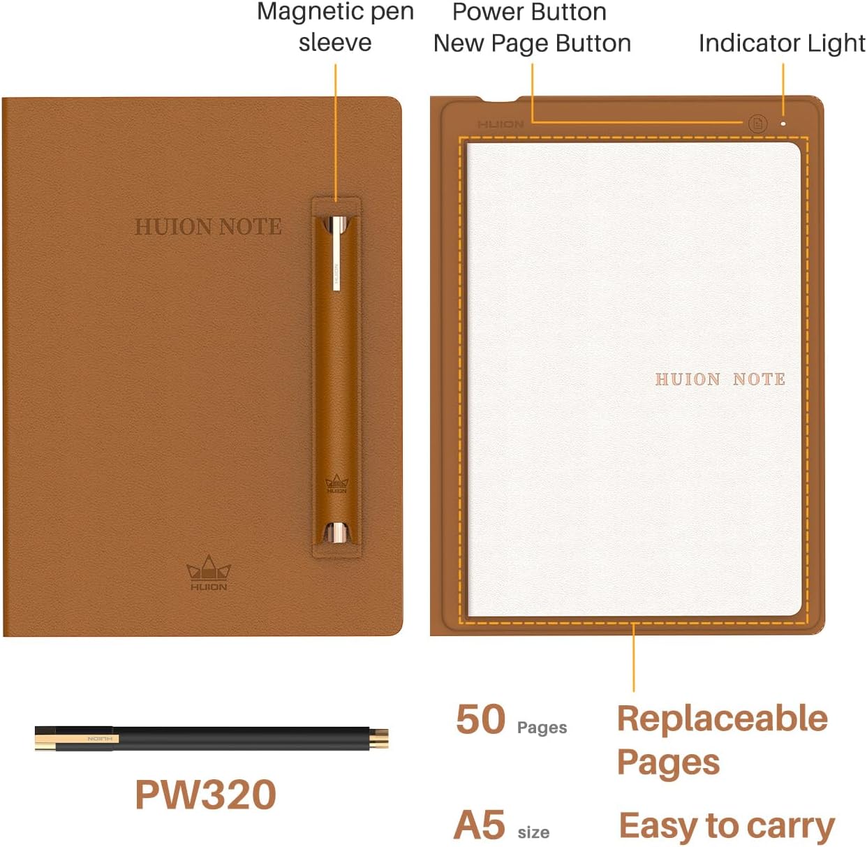 Detalle de HUION Note Smart Notebook Digital Writing Pad with Bluetooth 5.0 and 8192 pressure levels (A5, Brown)