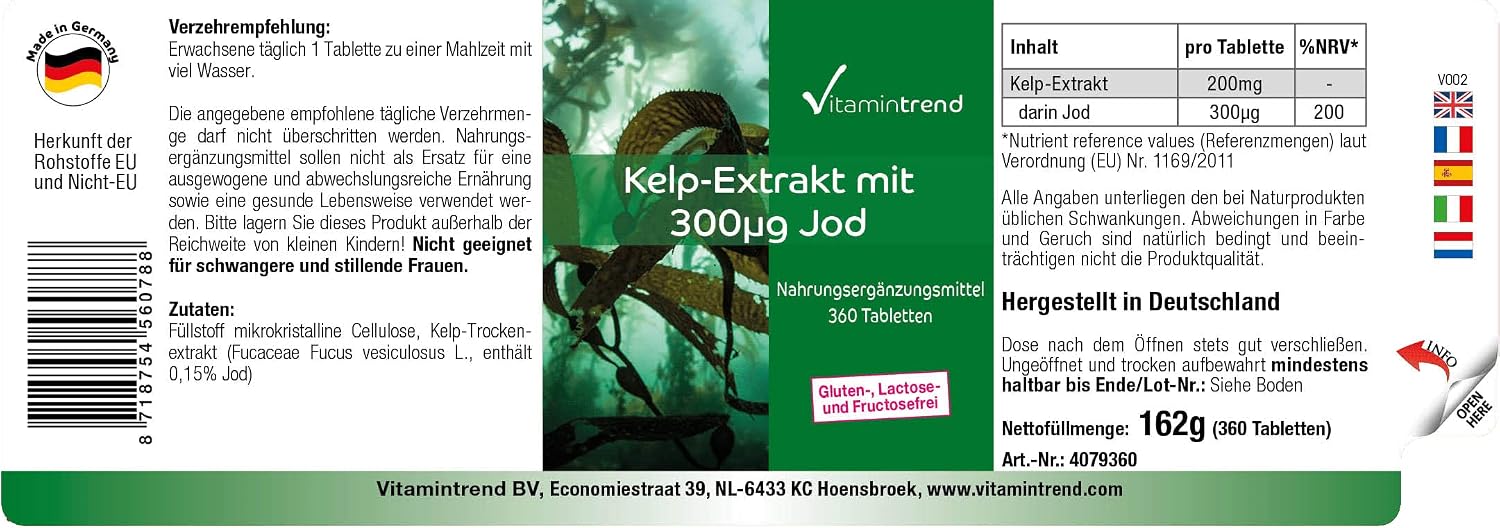 Detalle 2 de Vitamintrend Kelp Extrakt mit 300 µg Jod – vegan, 360 Tabletten, hergestellt in Deutschland