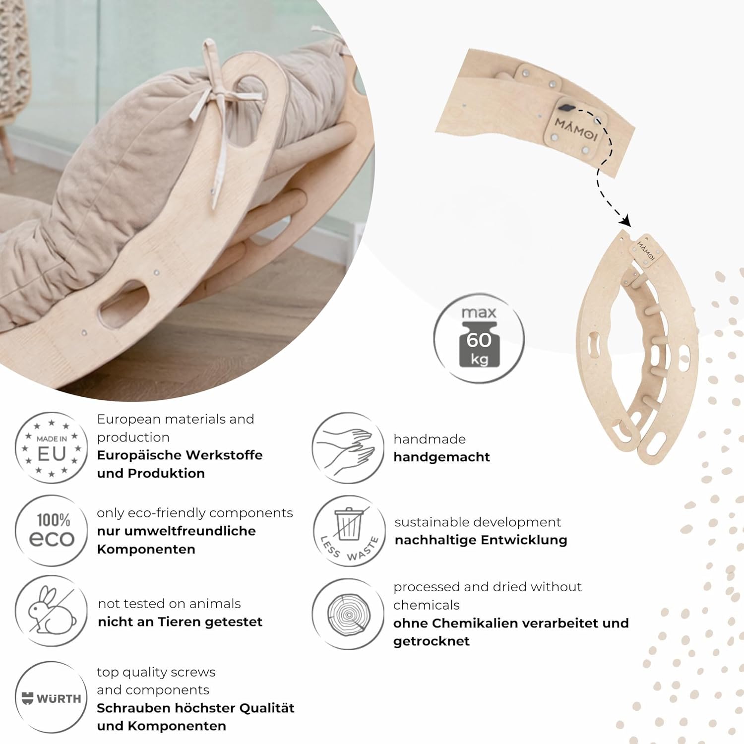Detalle 2 de MAMOI Palestra Bambini Arrampicata con Tappetino – Arco in legno, robusta struttura e design naturale