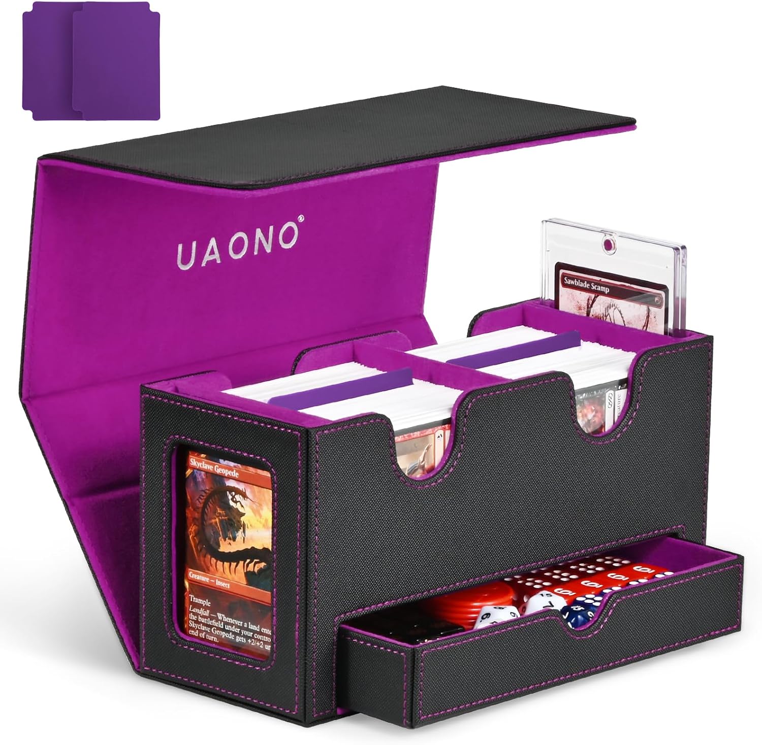 Detalle de UAONO MTG Deck Box with 2 Commander Display and Dice Tray – Double Deck Box for 250+ Sleeved Cards (Black & Purple)