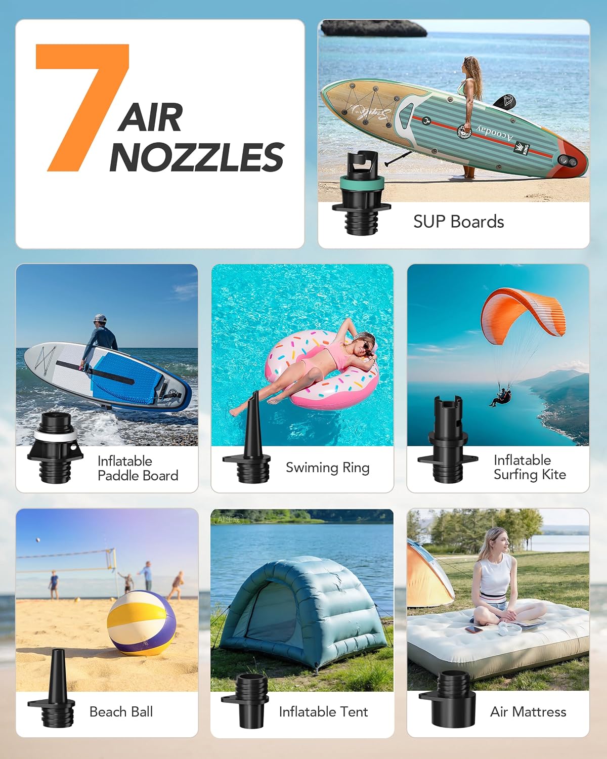 Thumbnail 6 de Accwork Electric SUP Pump 20 PSI: 12V Car-Powered Dual-Stage Inflator with 7 Nozzles