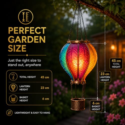Detalle de Festive Lights 45cm Solar Hot Air Balloon Lantern – Rainbow Stain Outdoor Hanging LED Garden Light