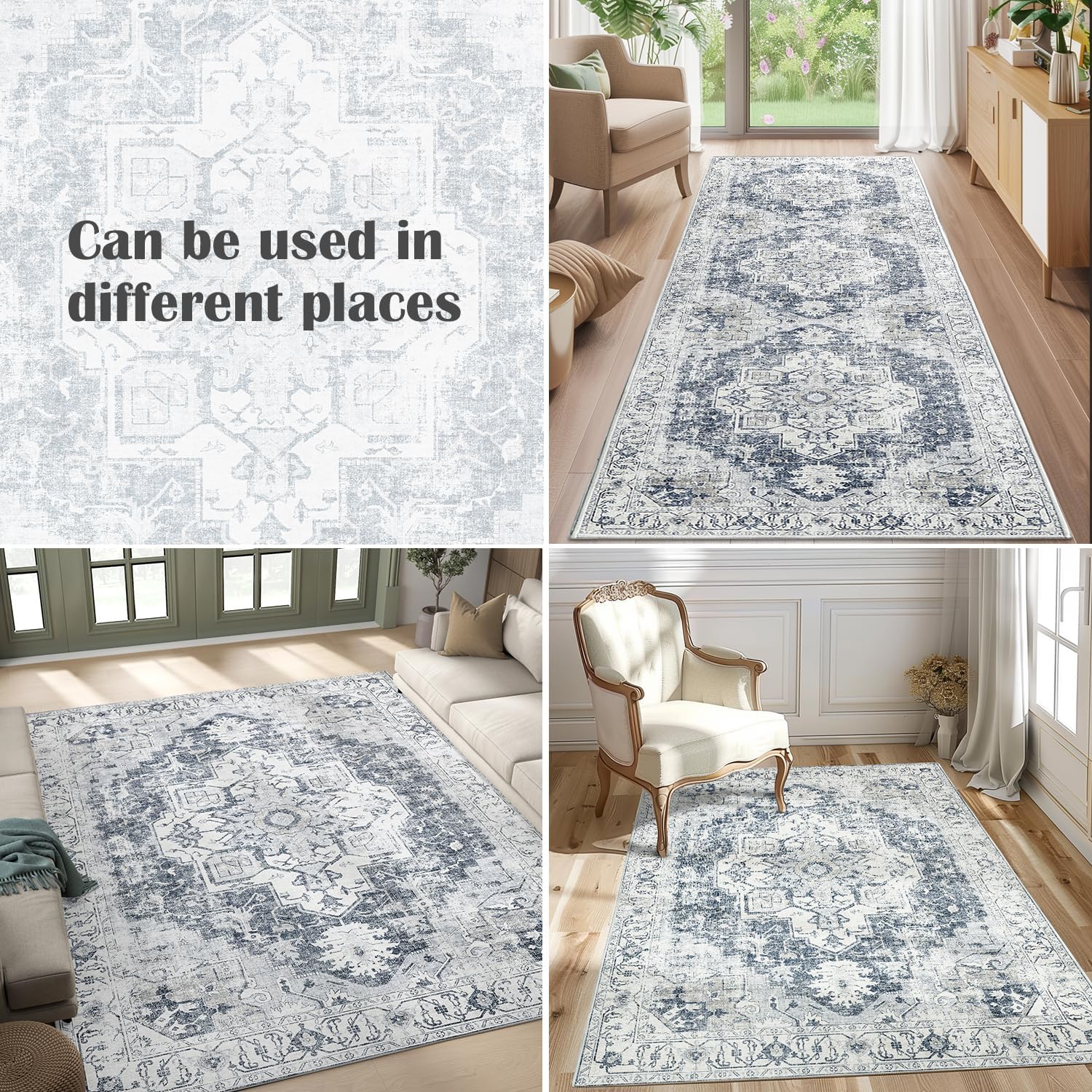 Detalle de JINCHAN 2' x 6' Washable Runner Rug, Vintage Grey Floral Print, TPR Backing
