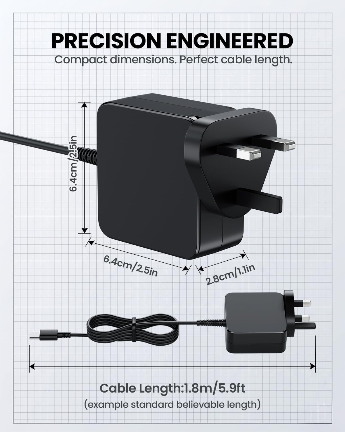 Detalle de 65W USB-C Laptop Charger for ASUS VivoBook, Acer, HP & Dell (UK Plug) – 1.8m Cable