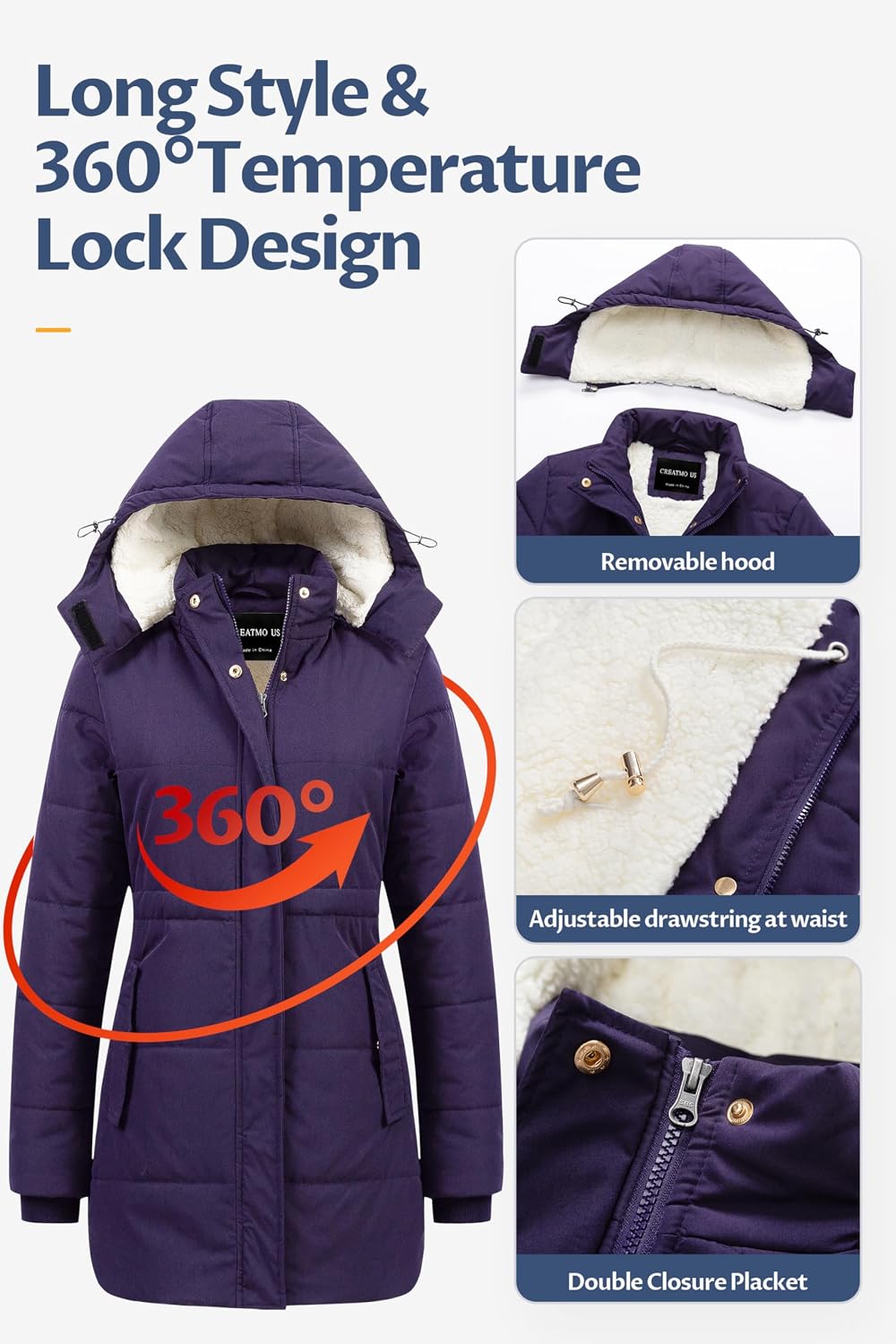 Detalle 1 de CREATMO US Women's Sherpa Winter Parka with Removable Hood and Adjustable Waist