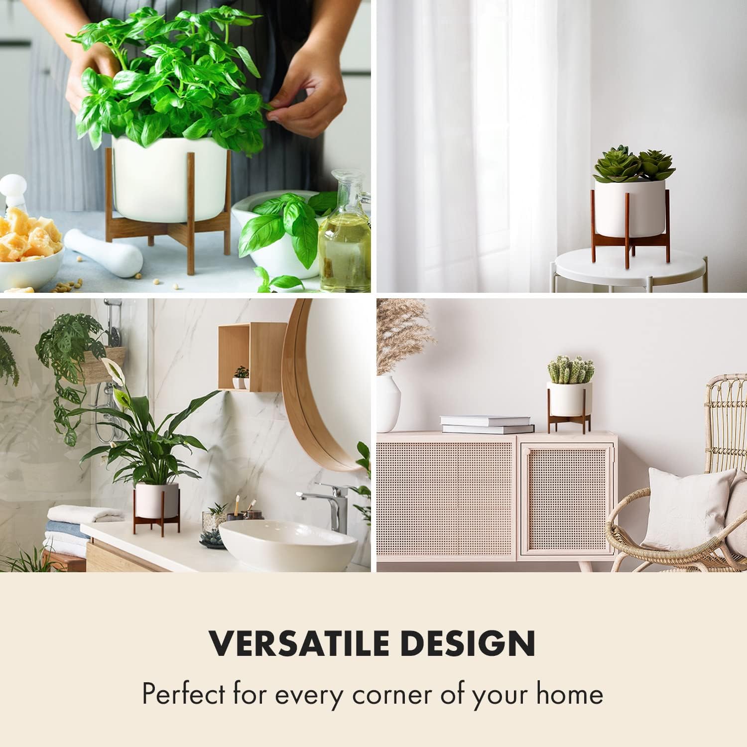 Detalle 2 de Fox & Fern Single Wooden Plant Stand with Pot, Reversible Height, White