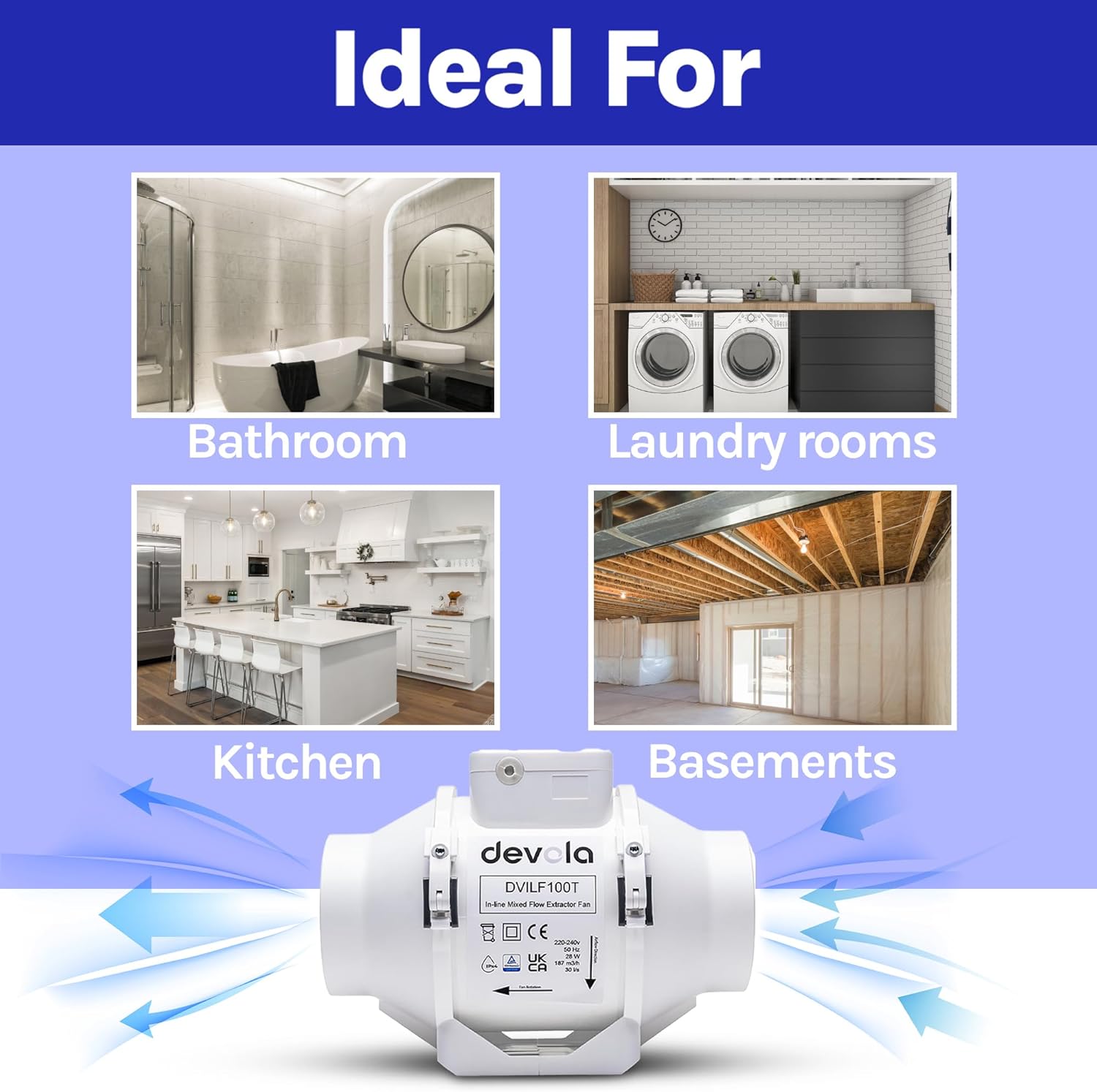 Thumbnail 6 de Devola DVILF100T 100mm Inline Mixed Flow Extractor Fan with Timer (4 inch) – made in Britain