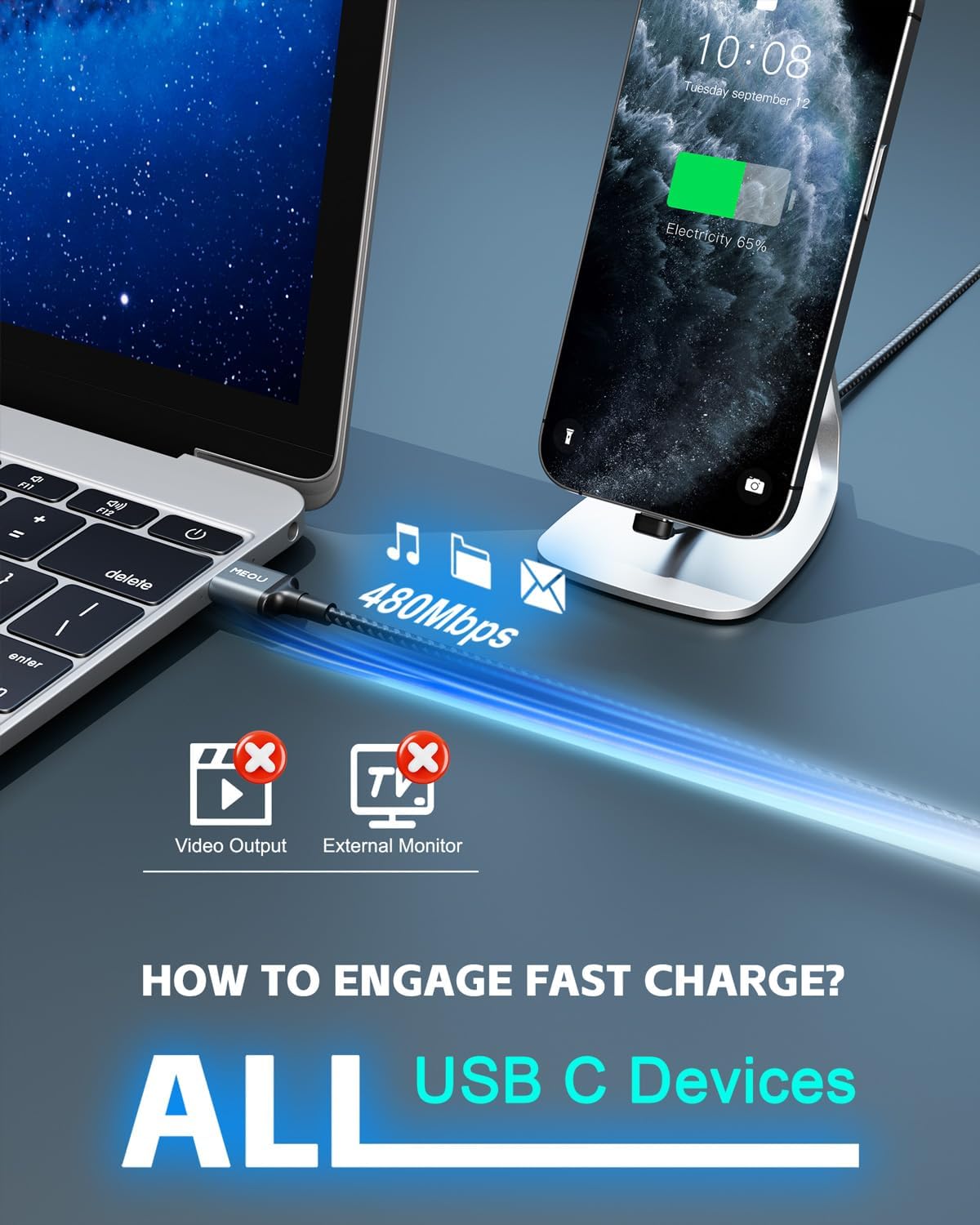 Thumbnail 6 de USB to USB-C Cable 10ft (60W) — USB-A to USB-C Fast Charging Right-Angle Cord