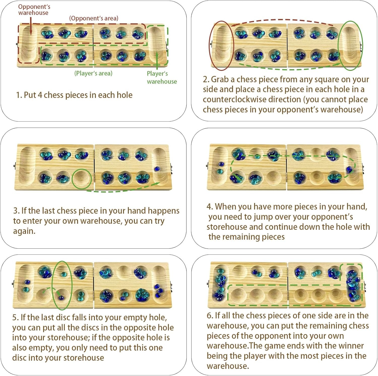 Detalle 2 de ZUNIPLEX Kalaha: Tavola in legno pieghevole con pietre per Mancala – Gioco di strategia per bambini
