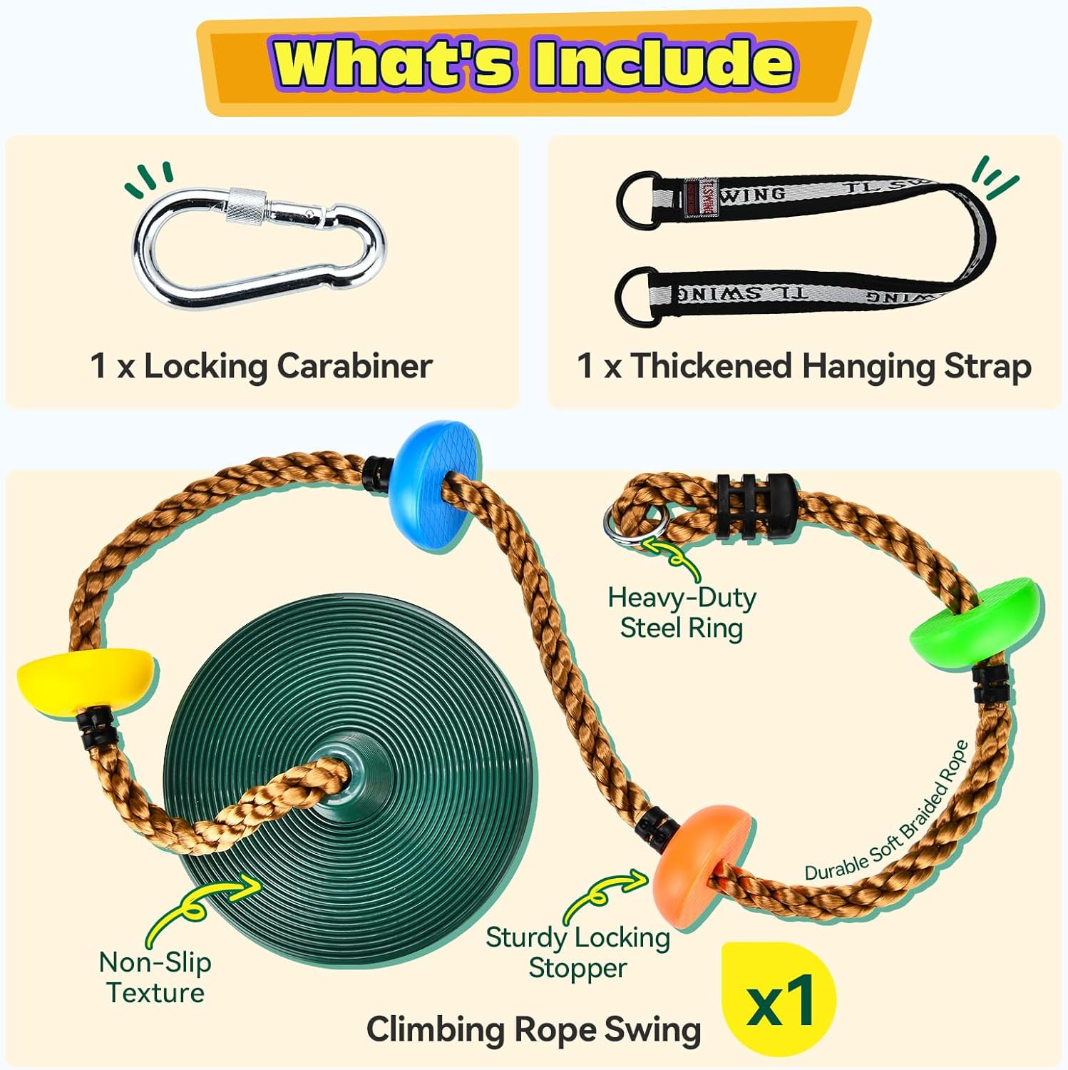 Thumbnail 3 de HeyZoo Tree Swing for Kids (Up to 330LB) Climbing Rope & Disc Swing Seat Set with Carabiners