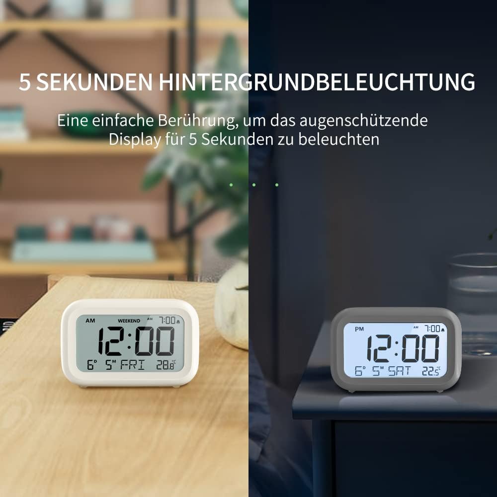 Thumbnail 4 de DOOMAY Digital Wecker für Nachttisch – batteriebetriebene LCD-Uhr mit einstellbarer Alarmlautstärke, Snooze & Wochenendmodus