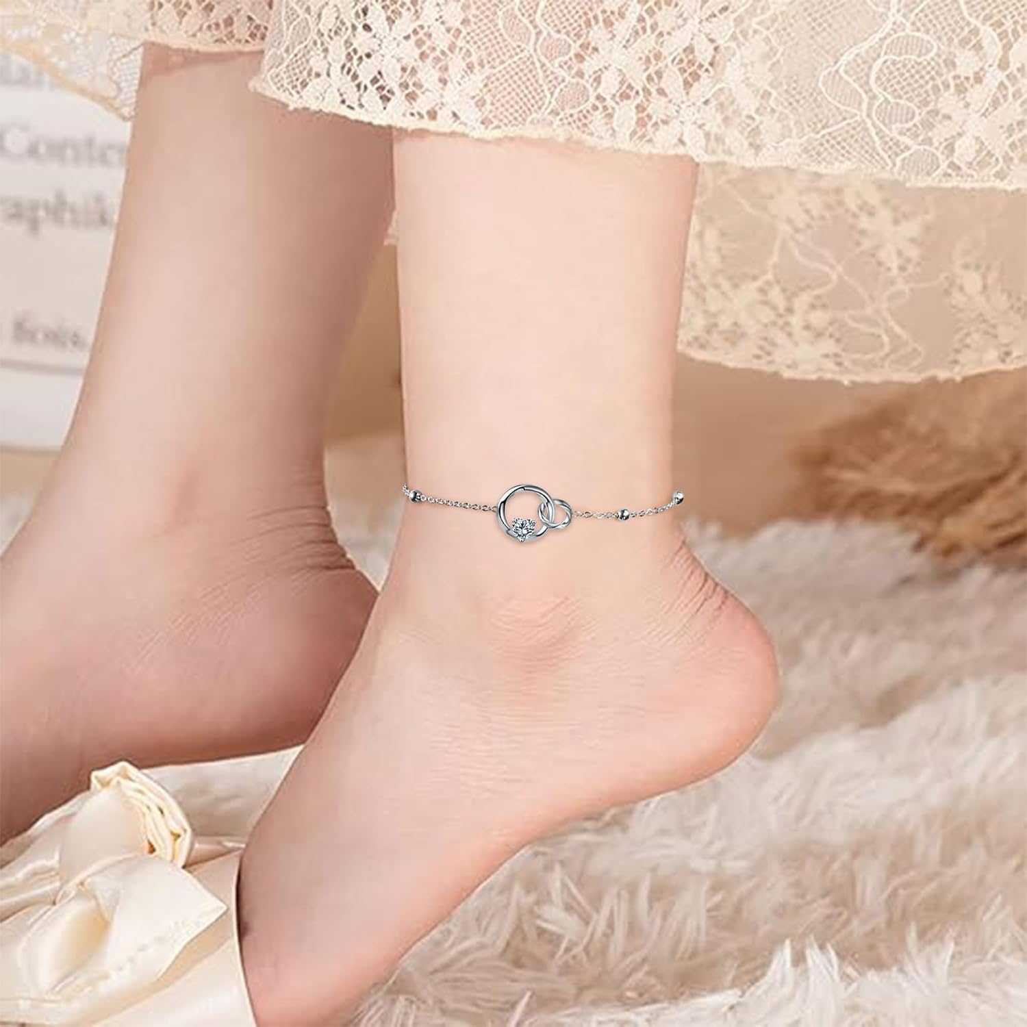 Detalle de Micory Damen-Fußkettchen aus 925 Silber mit Herz – verstellbare Strand-Fußkette für Sommer & Geschenke