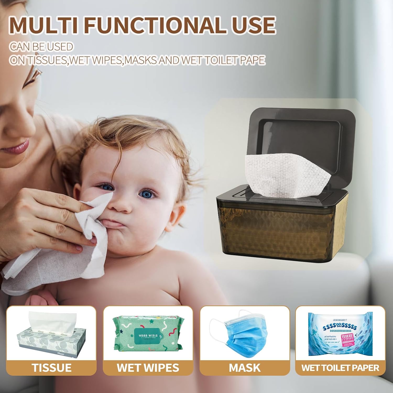 Detalle de Whiidoom Wipes Dispenser, Brown One-Handed Holder with Sealed Lid