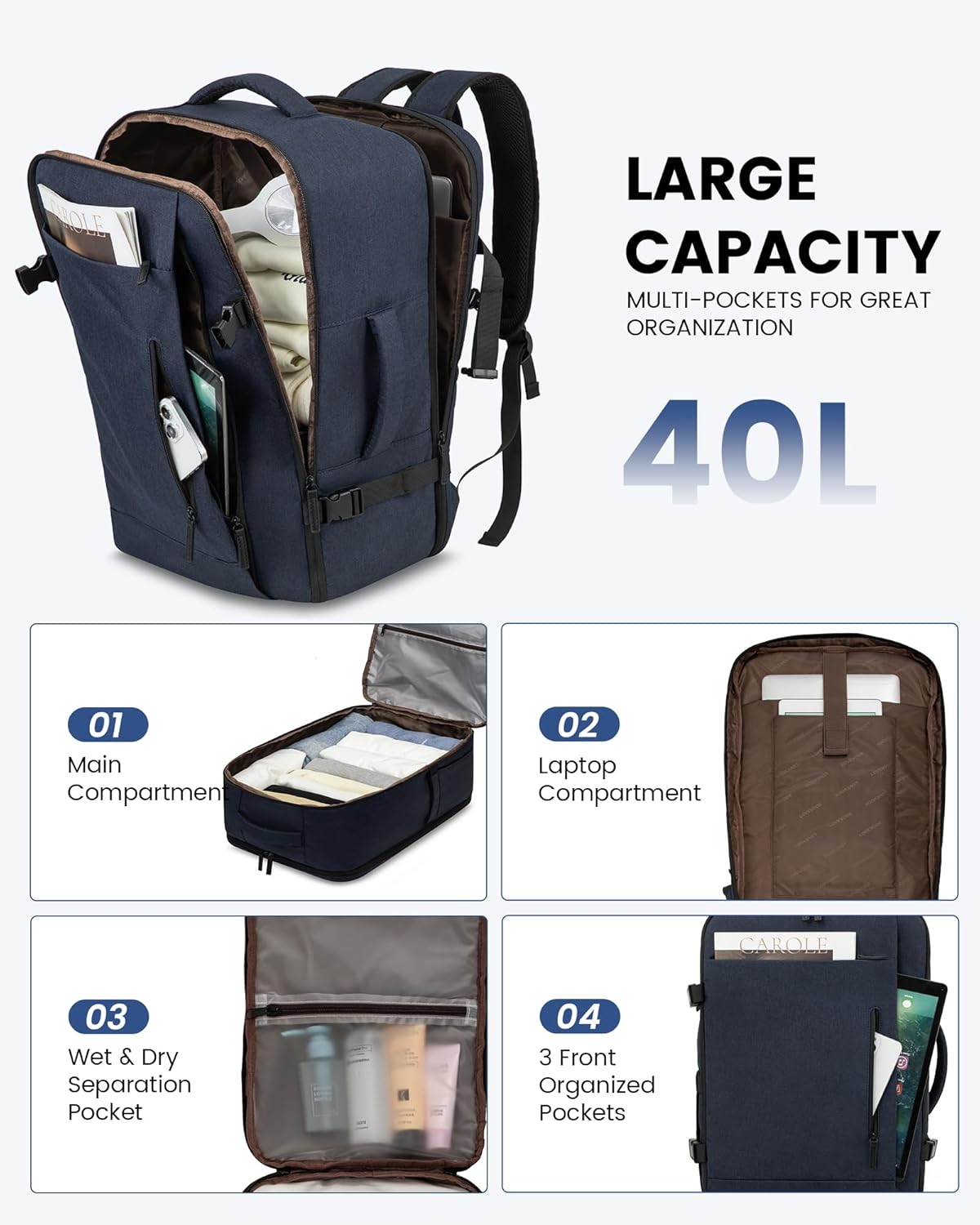 Detalle de LOVEVOOK Zaino da Viaggio 40L: zaino cabin bag impermeabile con scomparto laptop 17,3" e cinturella bagagli