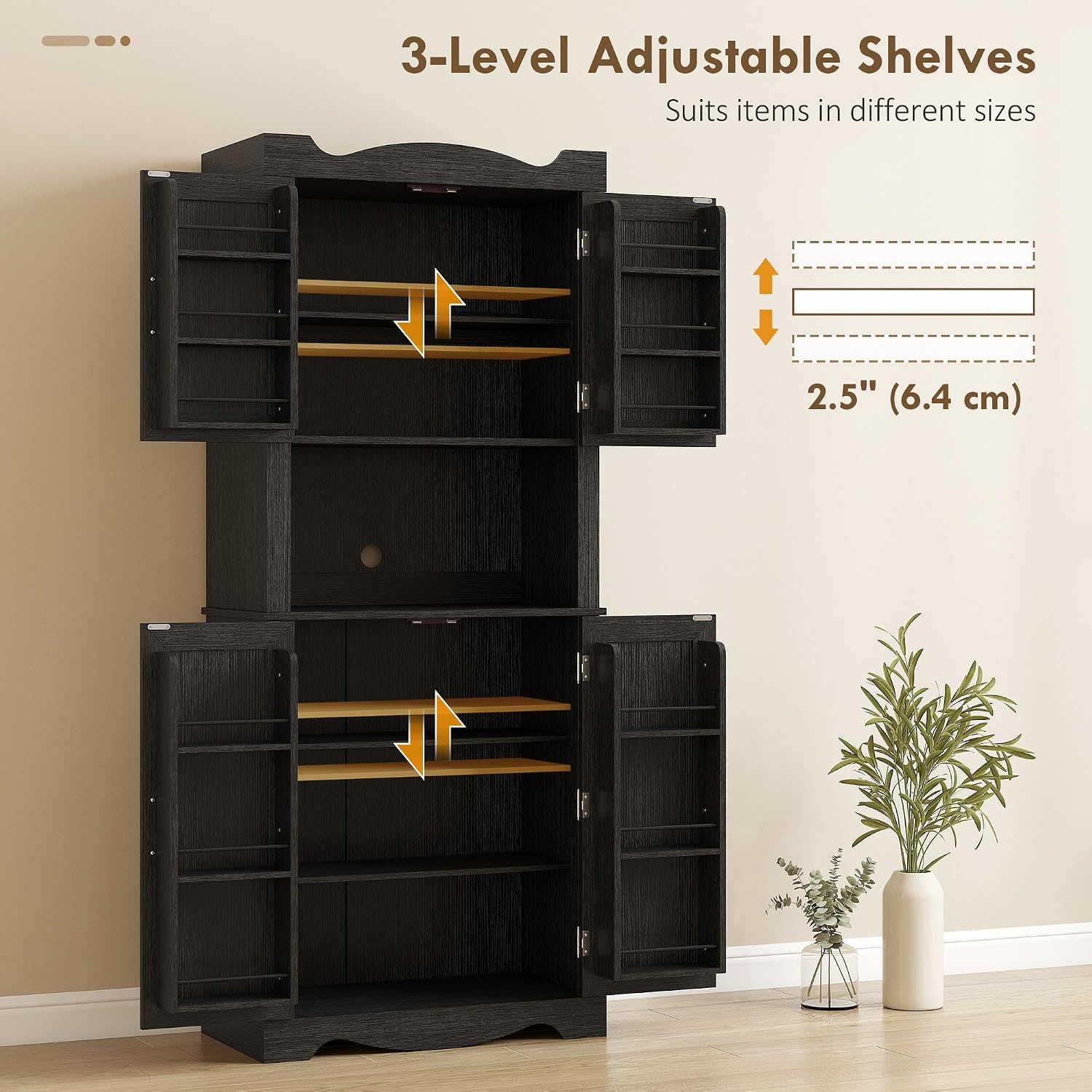 Detalle 1 de HOMCOM 83A-364V80BK Kitchen Pantry Cabinet, 4 Doors, 12 Door Shelves, Black