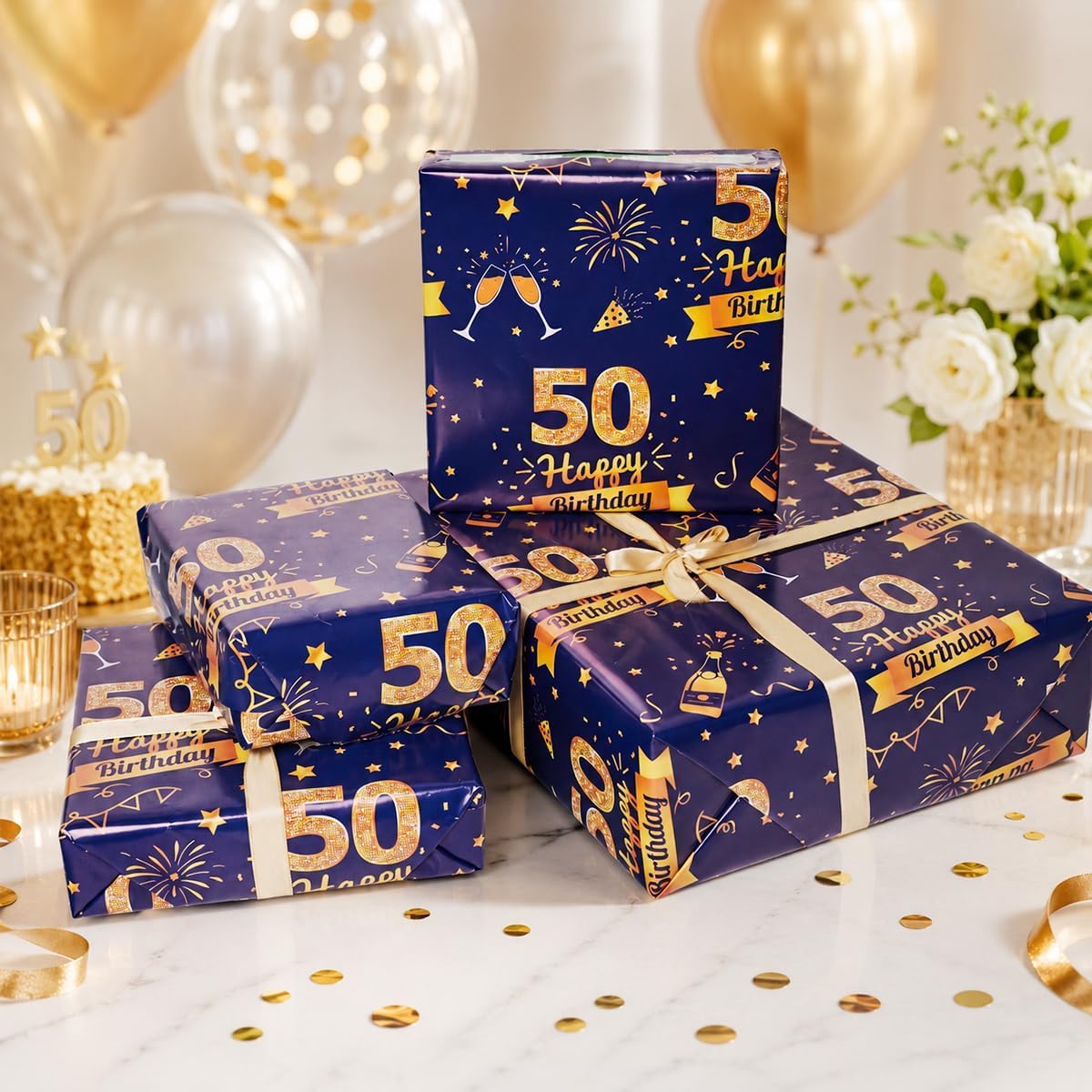 Detalle 2 de 50th Birthday Blue & Gold Wrapping Paper Set with Tags and Ribbons