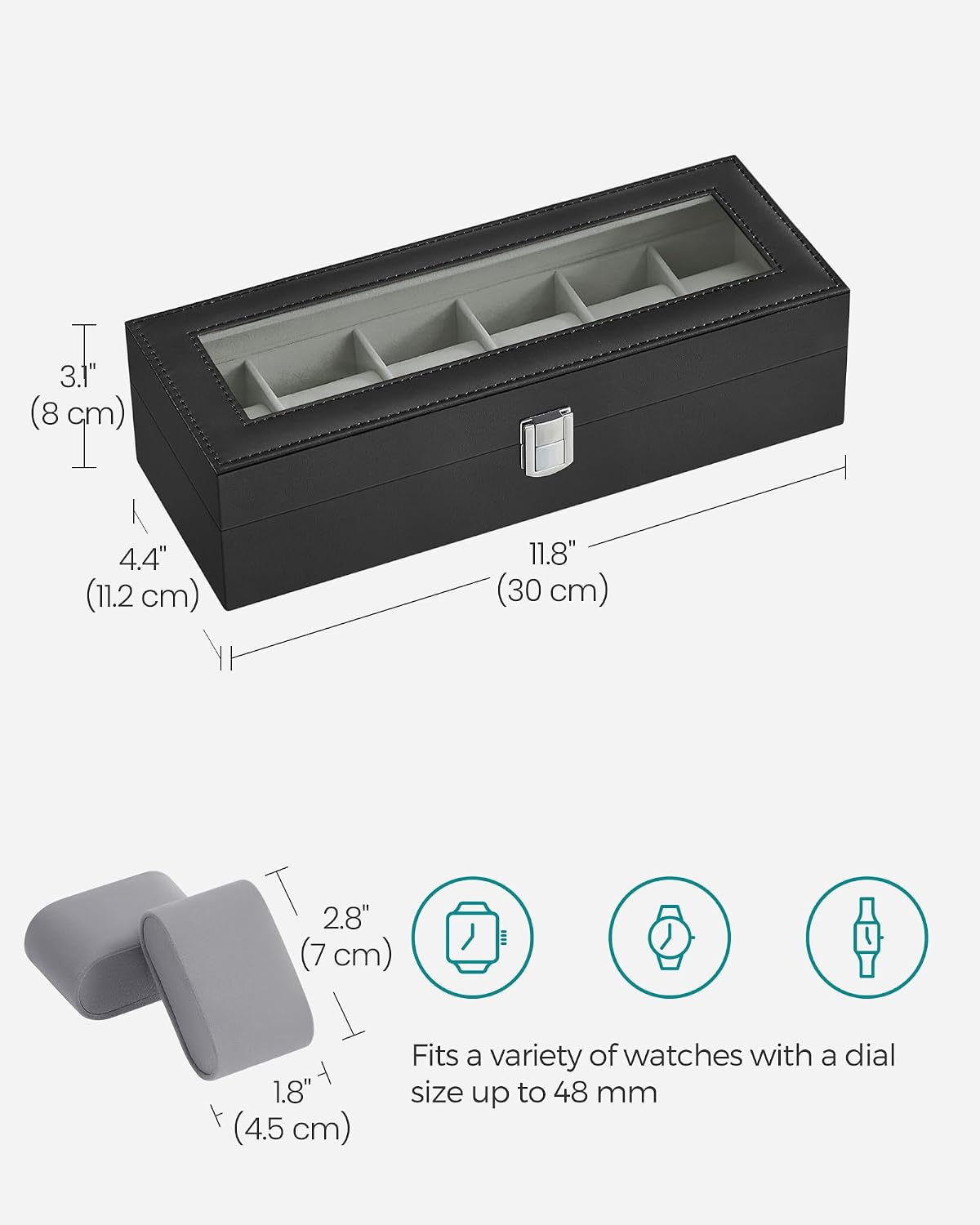 Thumbnail 5 de SONGMICS Watch Box JWB06BK – 6-slot display case with glass lid