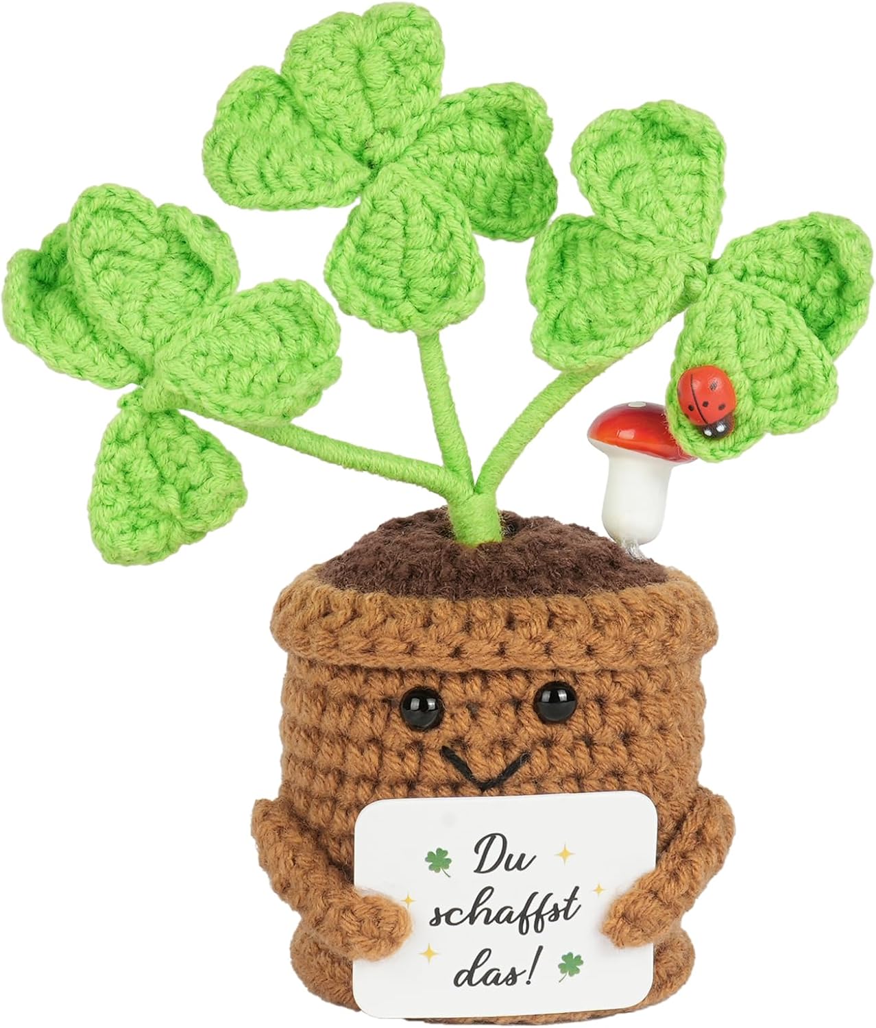 Detalle de AUAUY 5287572 gehaakte klaverpop van katoen, 14 cm, met inspirerende boodschap