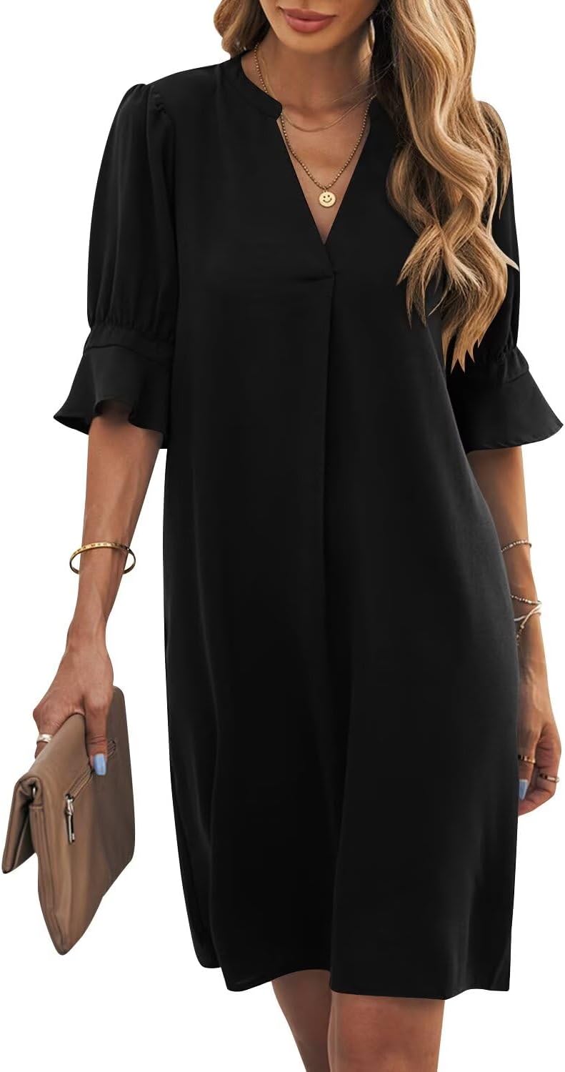 Detalle de Wkior Women’s V-Neck Short Sleeve Shift Dress — Solid, Lightweight & Flowy Summer Style (S-2XL)