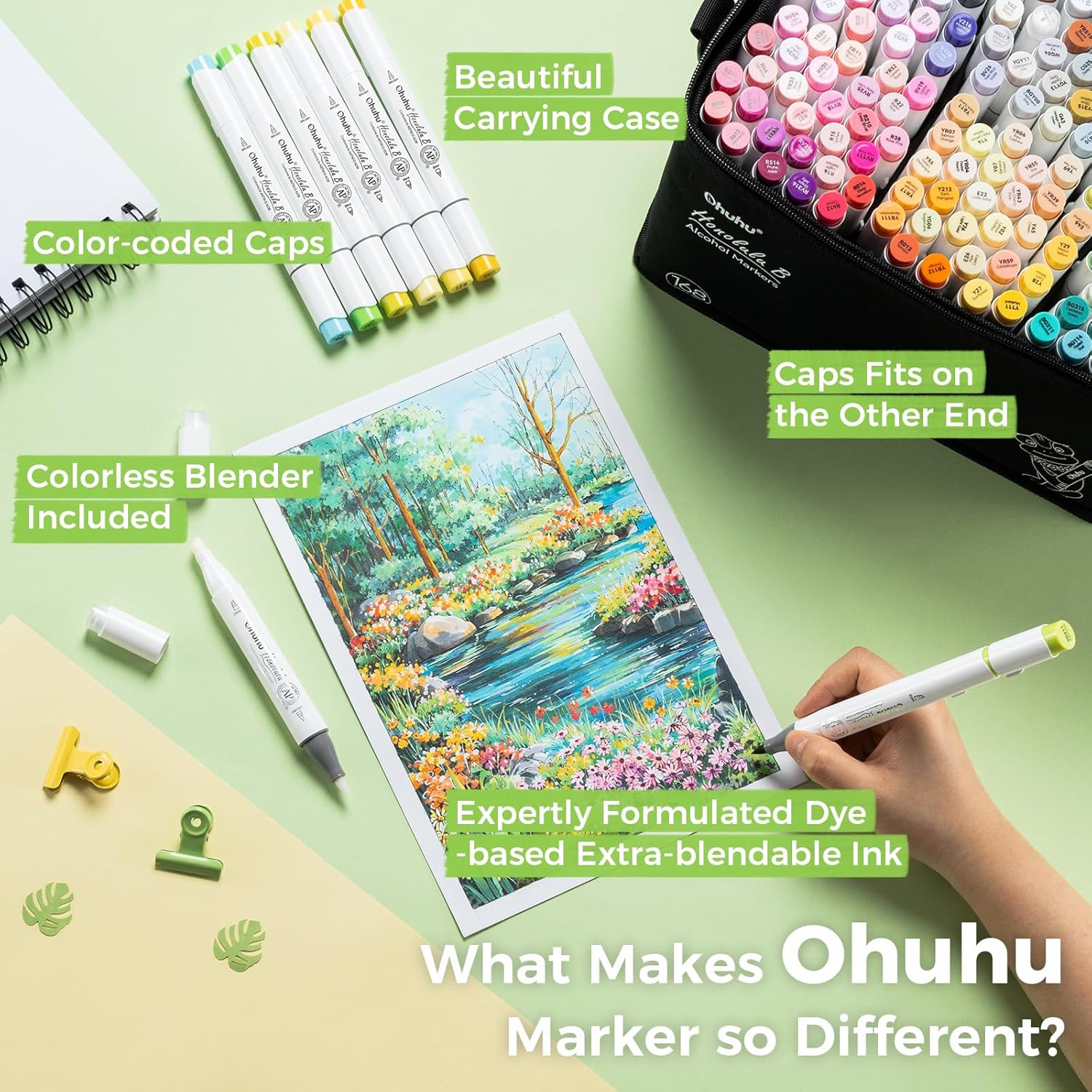 Thumbnail 6 de Ohuhu Alkohol Marker Set 168 Farben (Pinsel & Feinsptitze) – Honolulu B, nachfüllbar, AP-zertifiziert