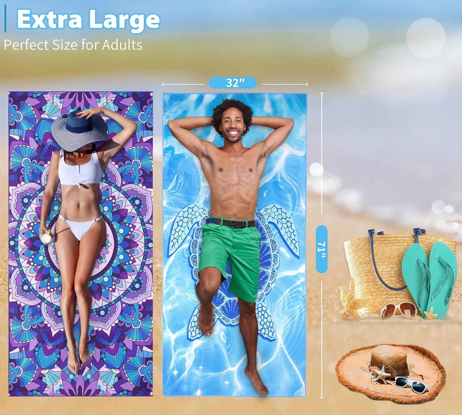 Thumbnail 2 de Haleey 2 Pack Microfibre Lightweight Beach Towel 180x80cm – Oversized, Sand-Free, Travel-Ready