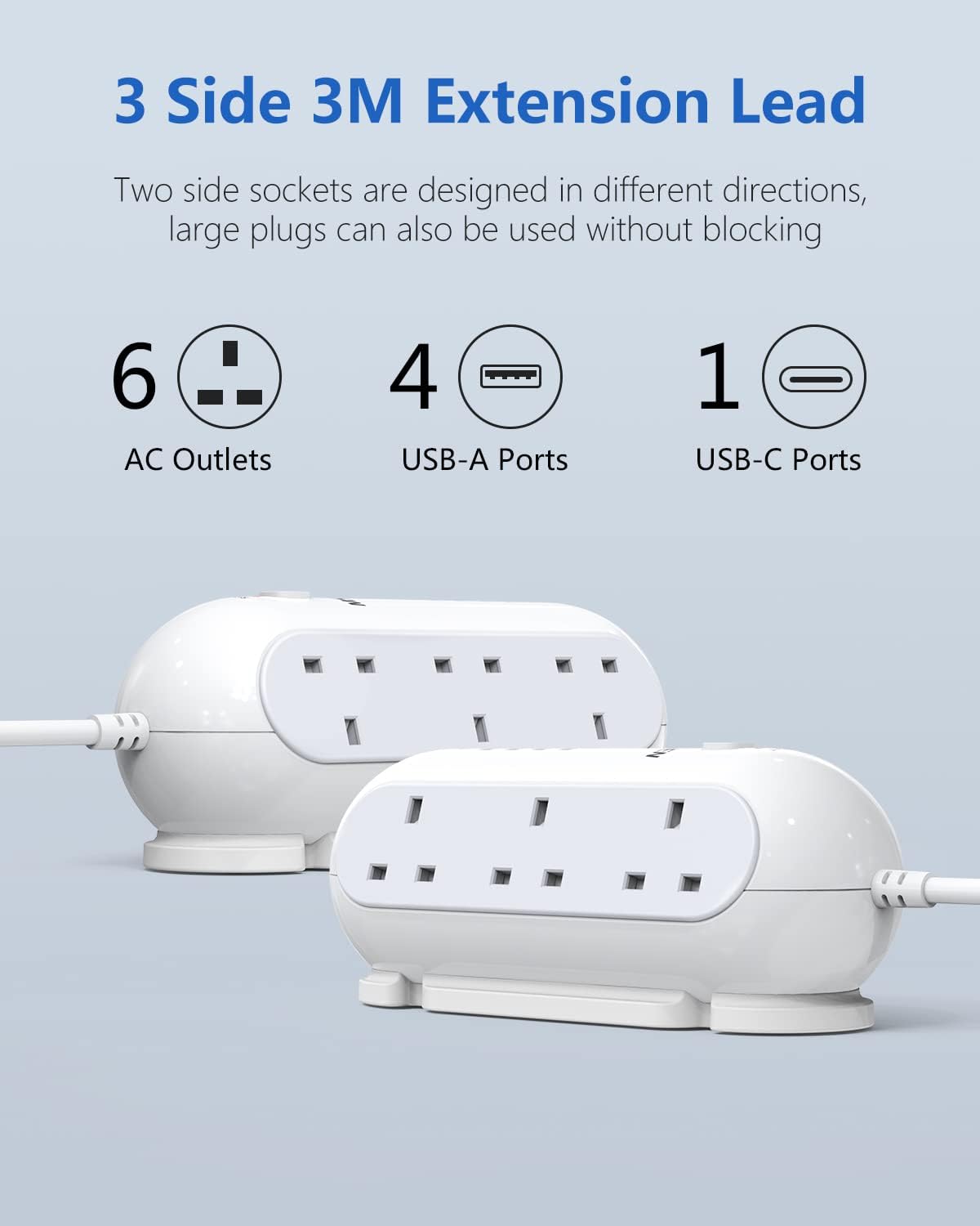 Detalle de Mscien 6-Gang Extension Lead with 3M Cable and 5 USB Ports (Surge Protection up to 3250W)