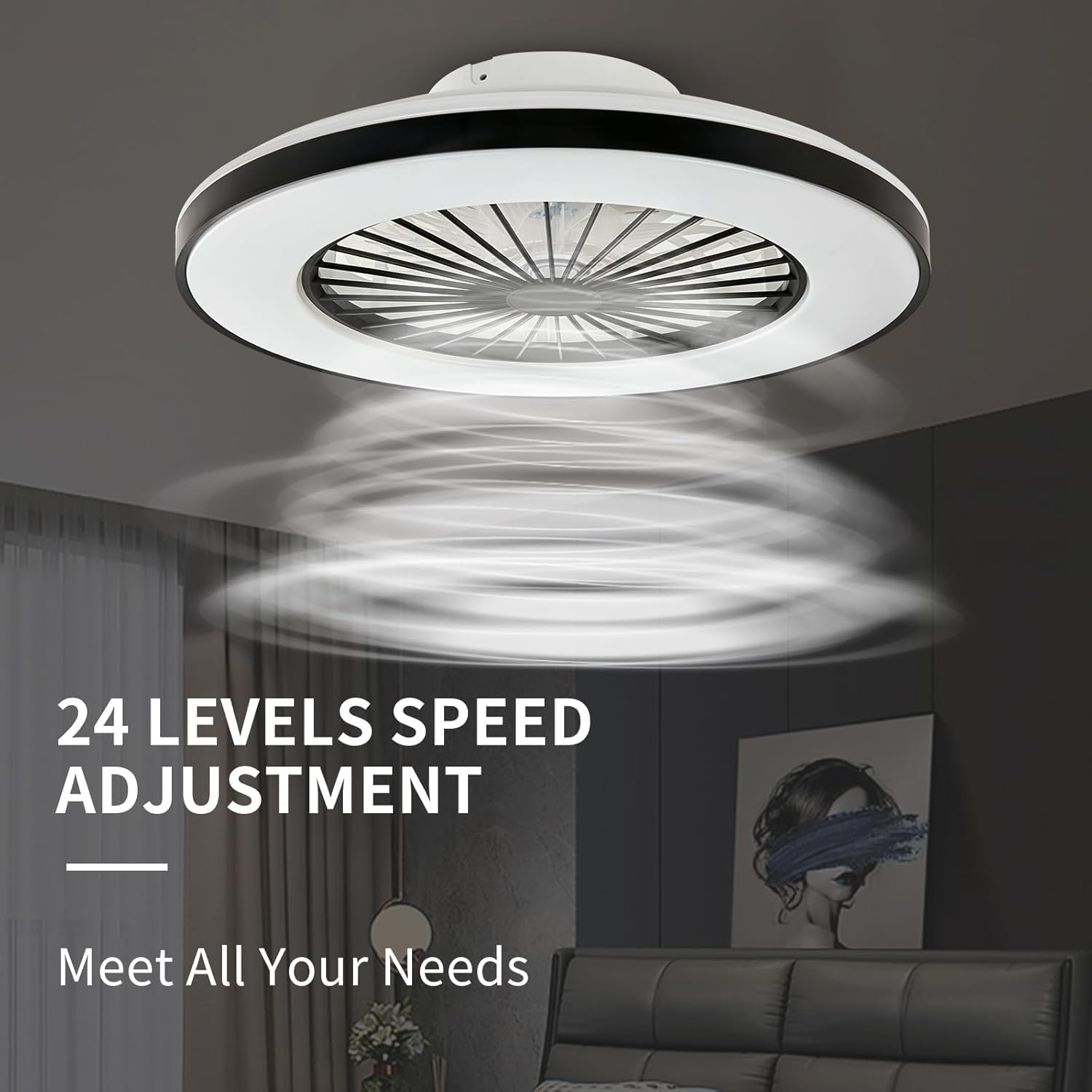 Detalle de BKZO Modern LED Ceiling Light with Fan (50cm, Black Frame) – 24 Speeds, 3000–5500K, Stepless Dimming