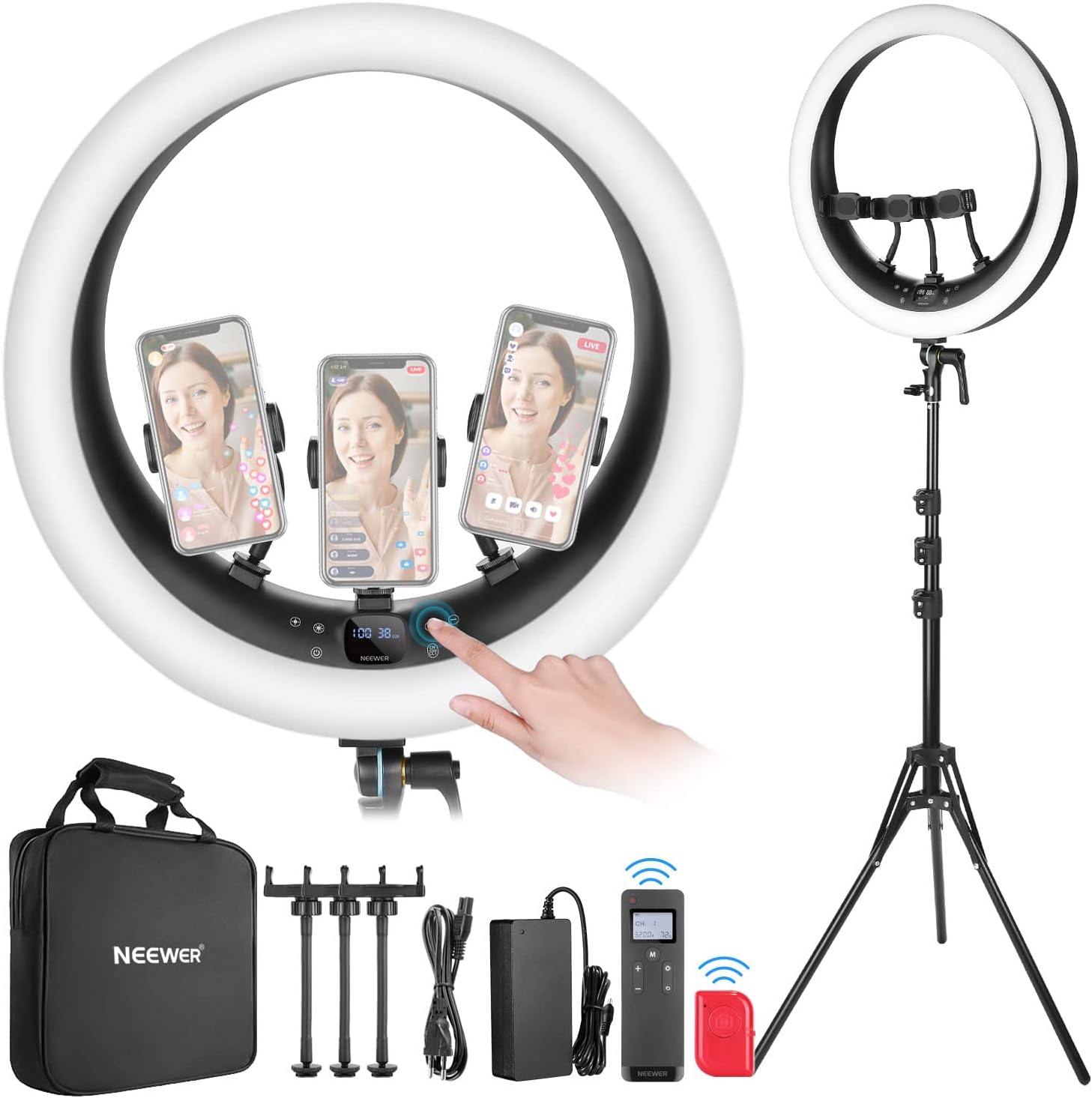 Detalle de NEEWER Ring Light RP19H da 19" con stativo e 3 portatelefono, touch 2,4G e telecomando Bluetooth