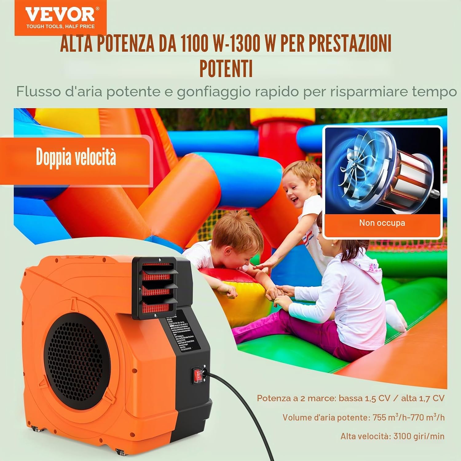 Detalle de VEVOR Ventilatore Gonfiabile da 1100 W: potenza, robustezza e versatilità per gonfiabili