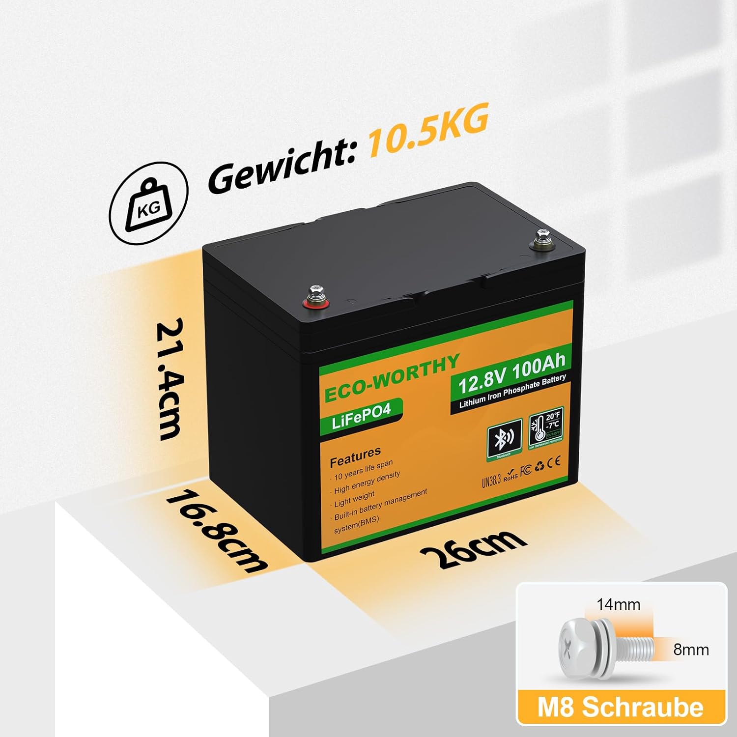 Detalle de ECO-WORTHY 12 V 100 Ah LiFePO4-batteri med Bluetooth och 12/24 V-laddare