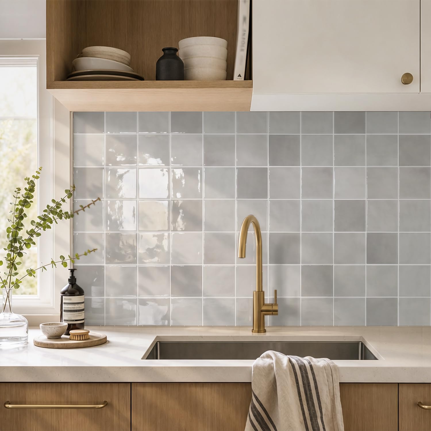 Detalle de COMSTICKC Square-006-Thicker-Modern spatwandtegels, lichtgrijs, 10 stuks