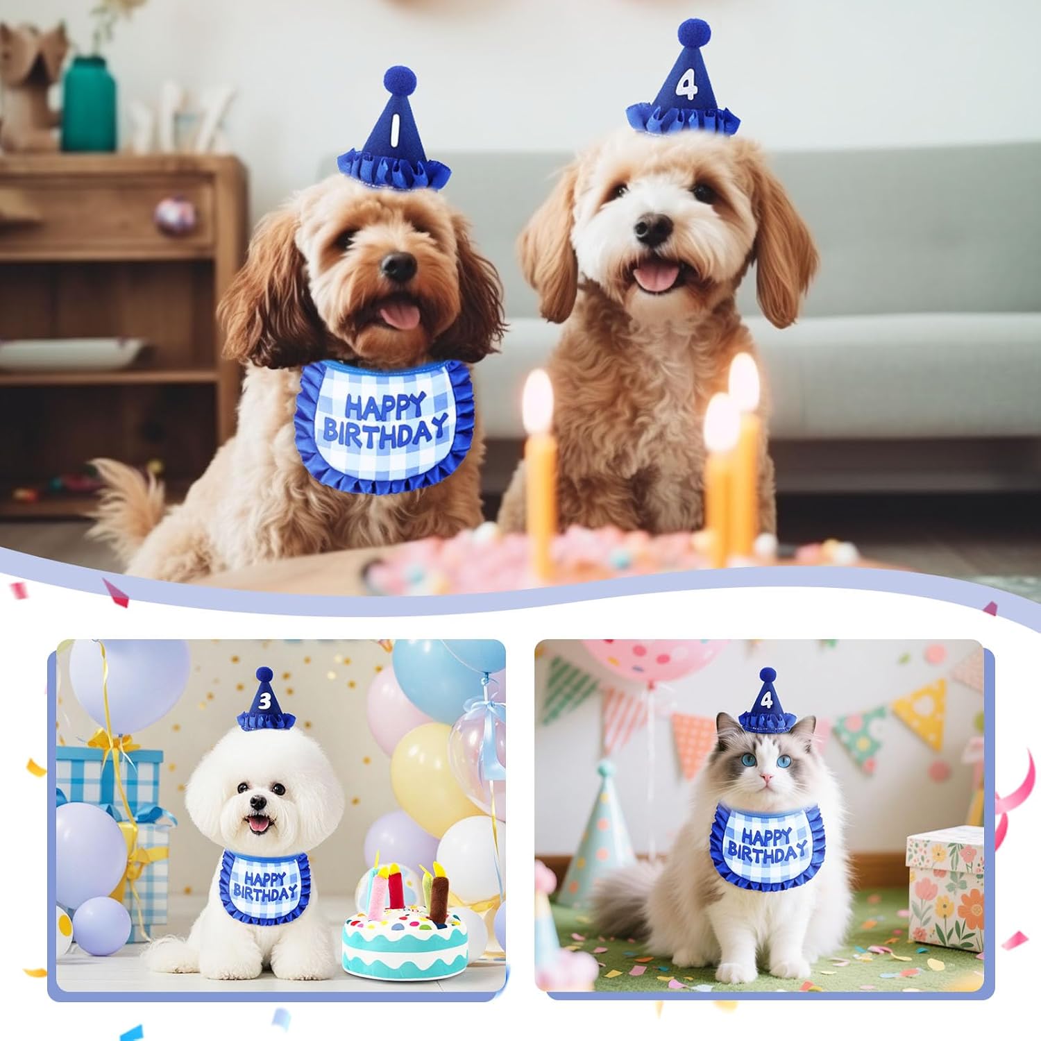Thumbnail 5 de Katzen Geburtstag Outfit Set für Haustierparty: Bandana, Hut mit Zahlen 0–9, Plüsch-Torte & hängendes Katzenspielzeug (Blau)